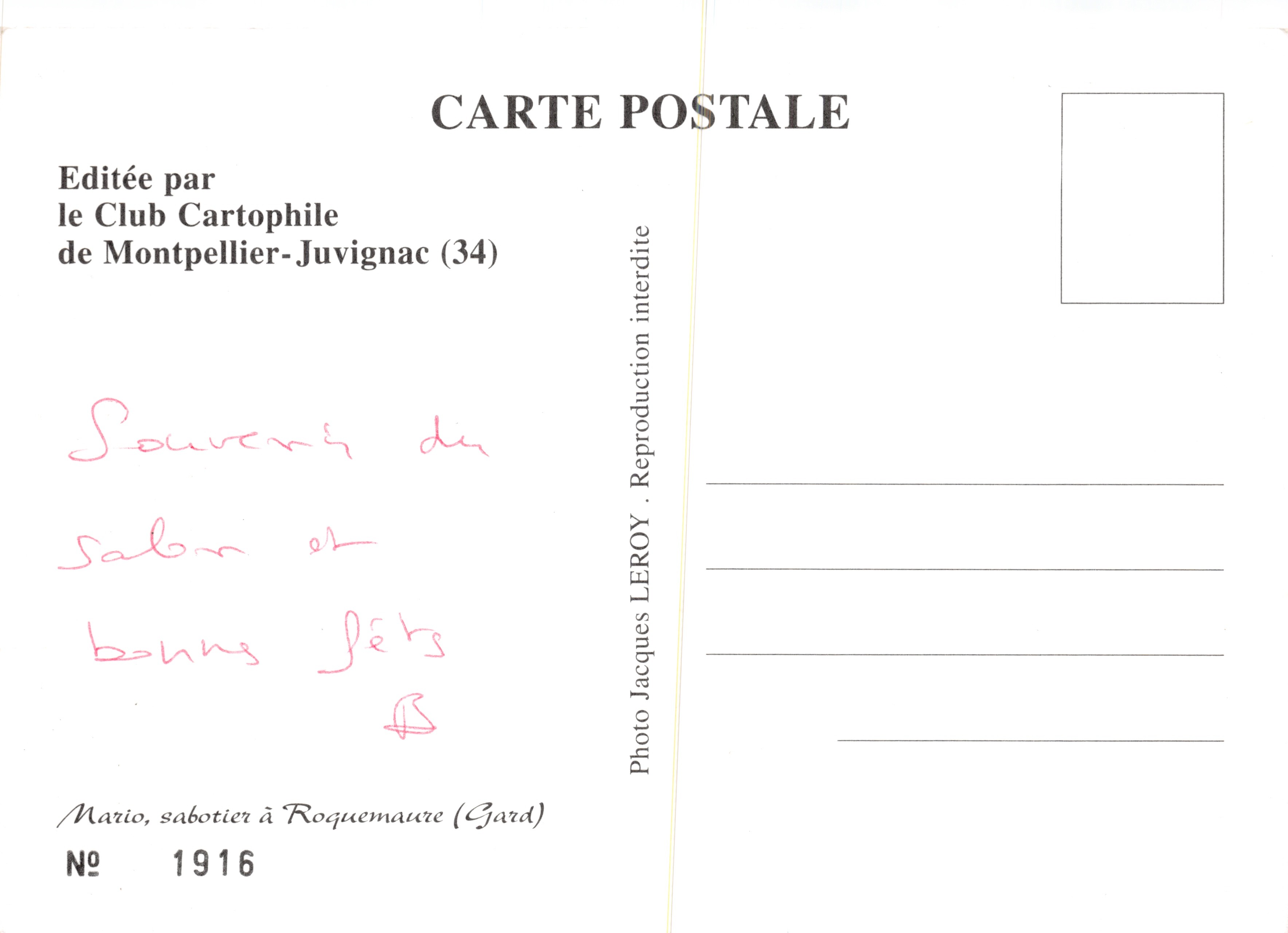 Montpellier-Juvignac — sabotier die een boomstam saboteert — uitgave door de Club Cartophile de Montpellier-Juvignac — Achterkant