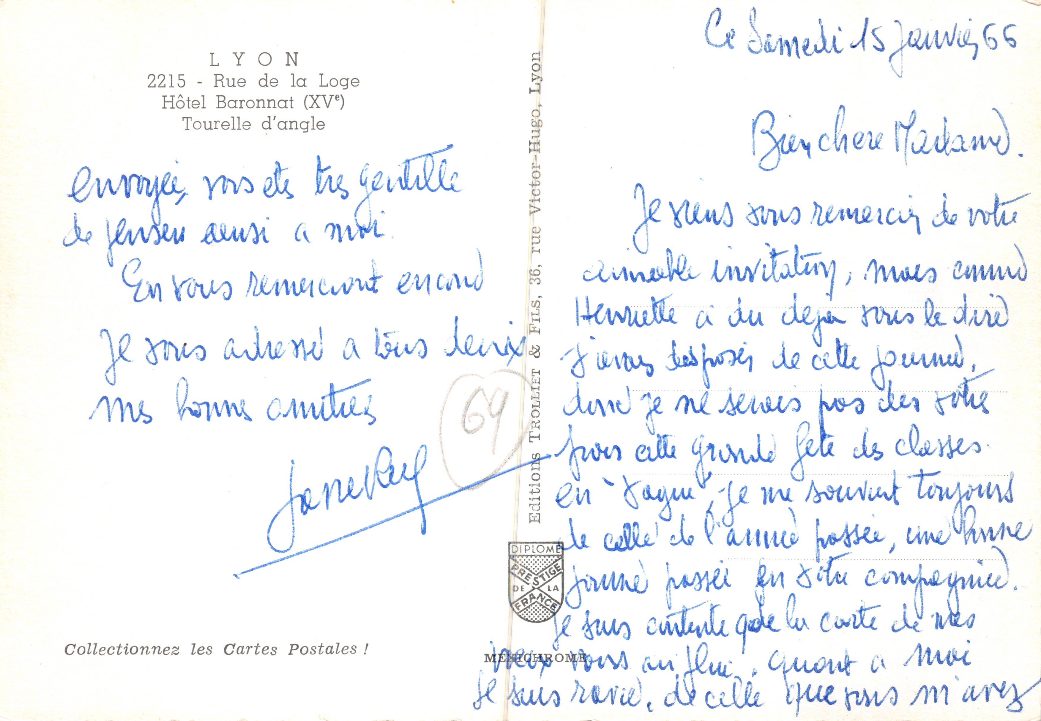 Lyon Vecchio — strada pavimentata tra antichi alberghi con torre in fondo — Éditions TROLLIET & FILS — Verso