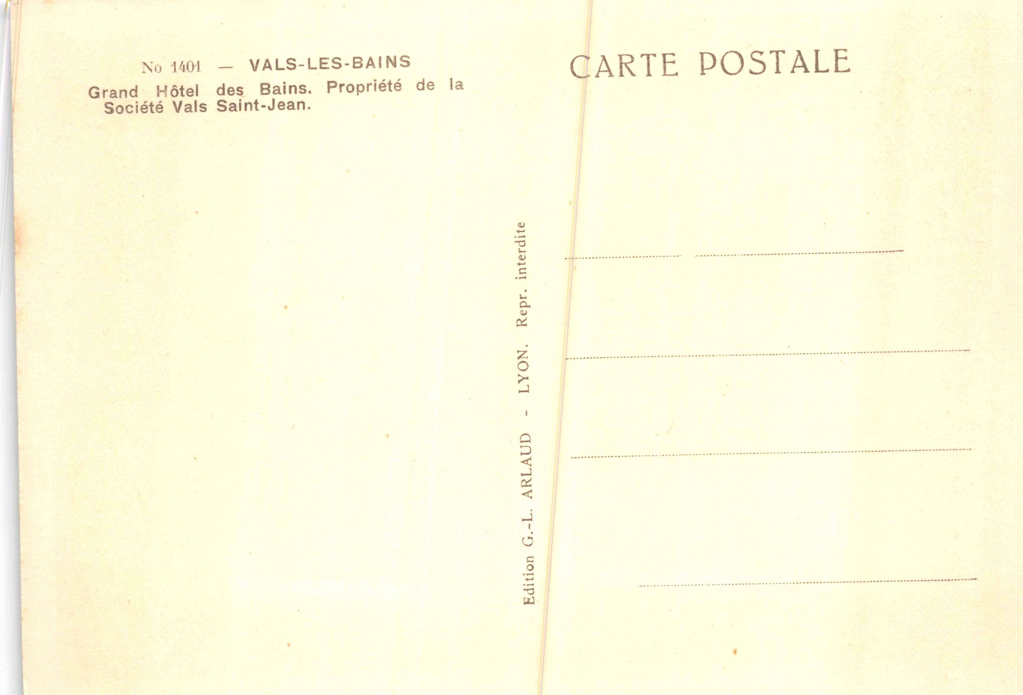 Vais-les-Bains — Grand Hotel des Bains — editor G.-L. Arlaud, Lyon, n.º 1401 — Reverso