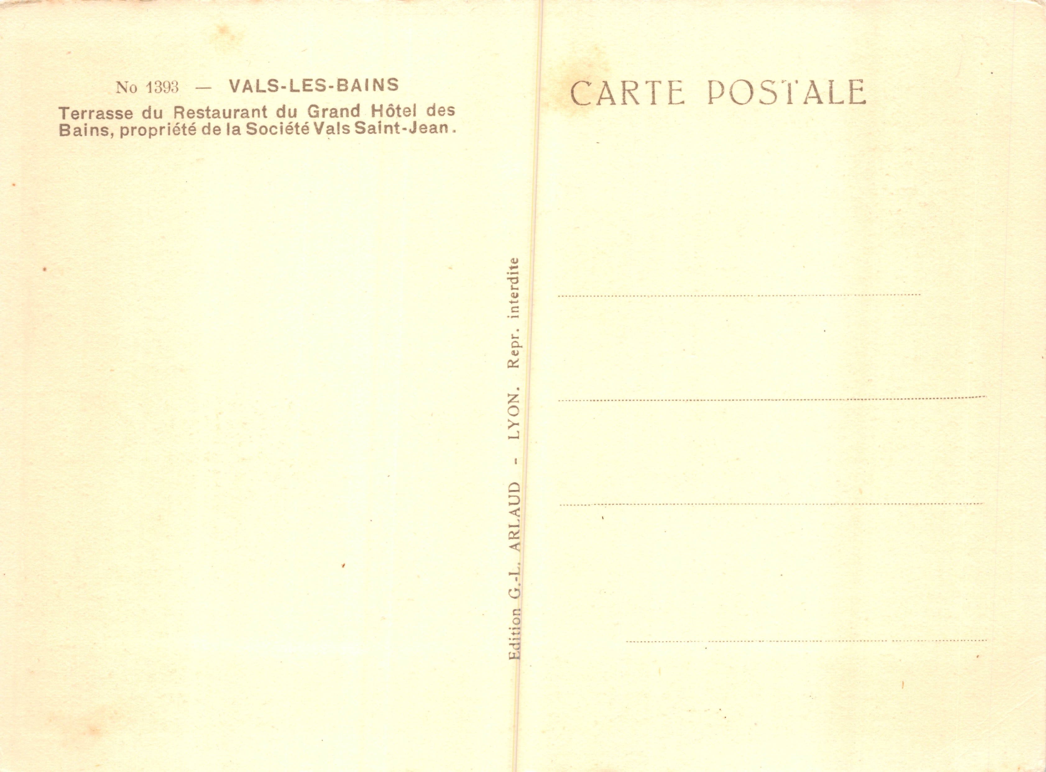Terrazza del Ristorante dell'Hotel des Bains — Vals-les-Bains — Edizione di G.-L. Arlaud, Lyon — Verso