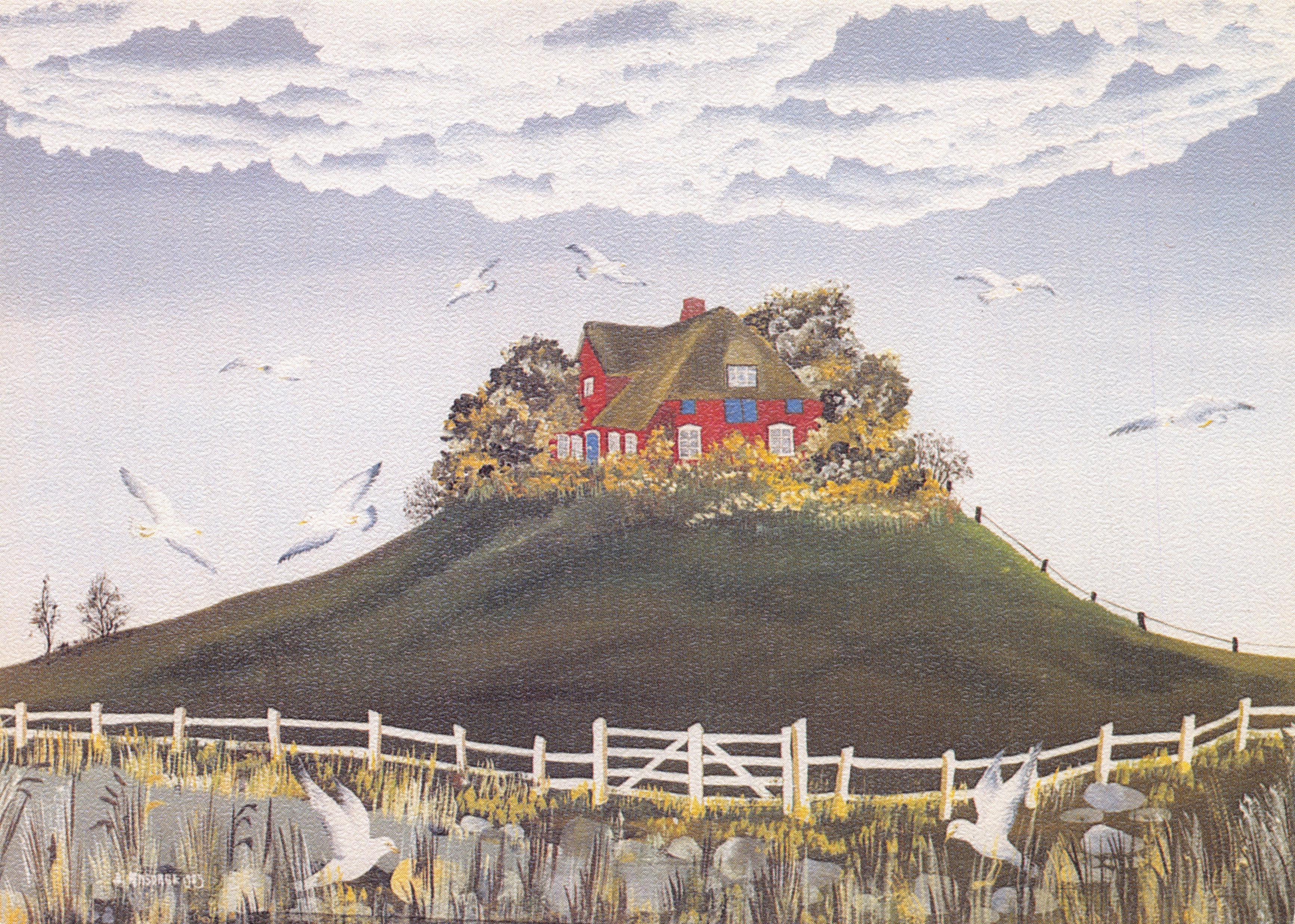 Rotes Haus auf einem Hügel — Szene mit fliegenden Vögeln — Verlag ALCCG, Nr. 5454-58