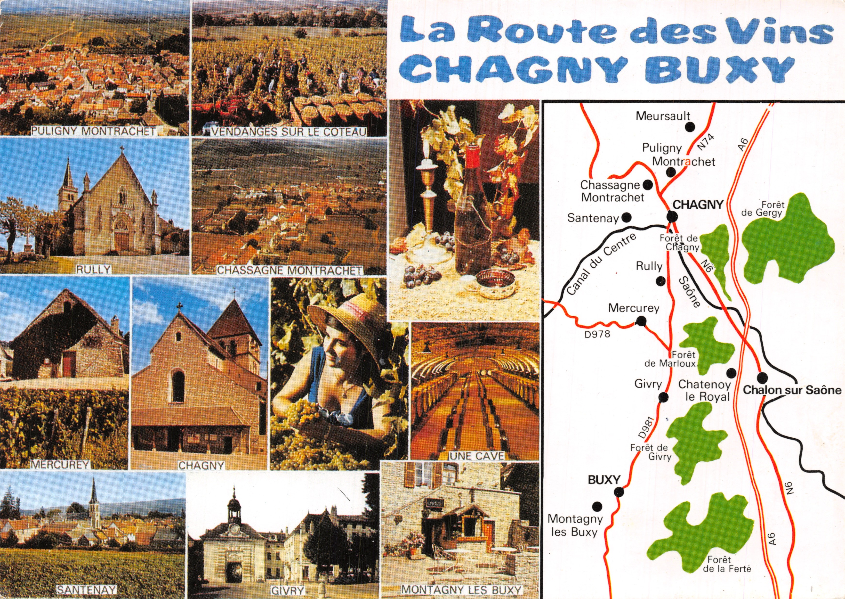 La Strada del Vino CHAGNY-BUXY — cartolina turistica con foto di vigneti e mappa stradale