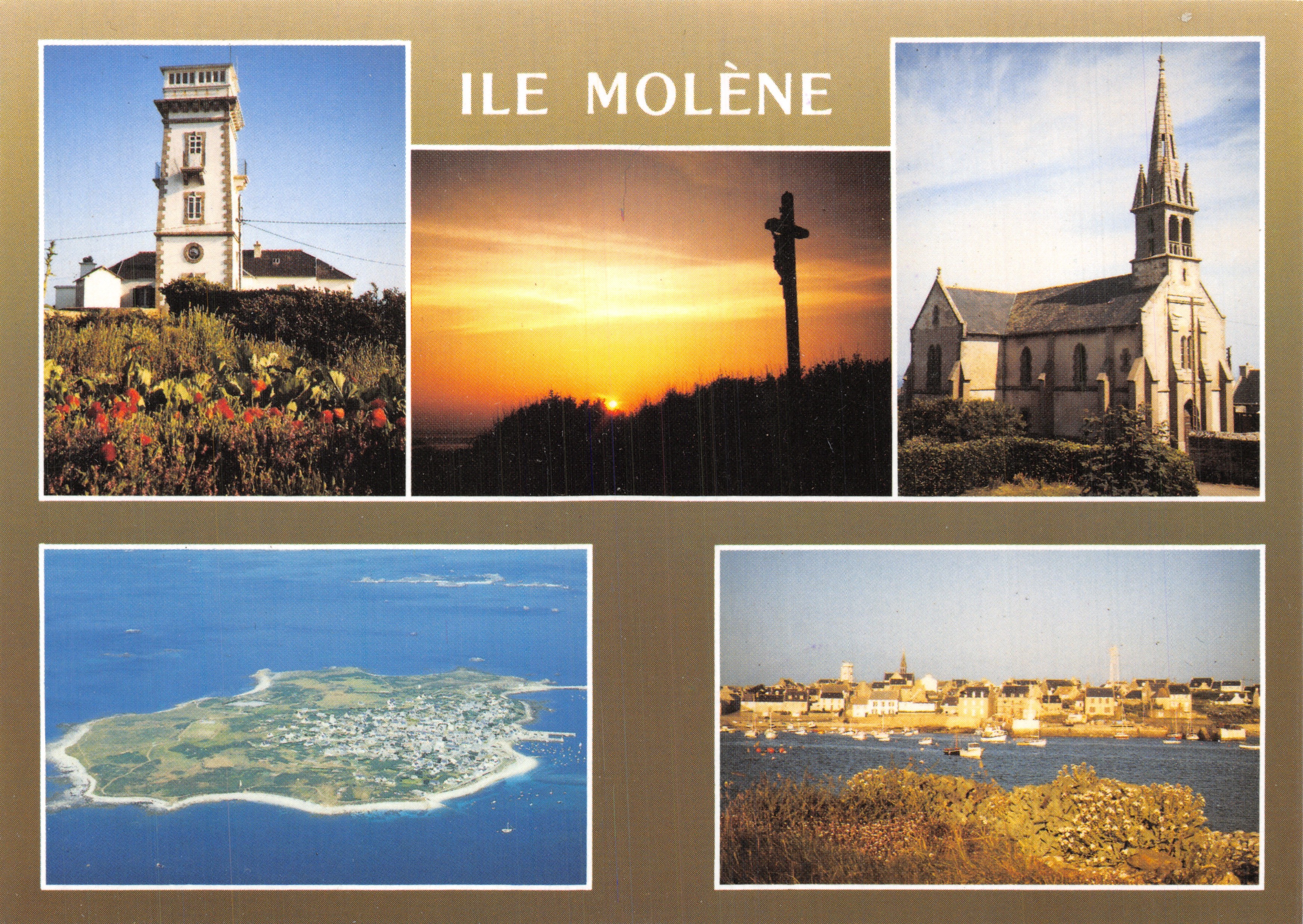 Île Molène — uitzicht op de lantaarn, het kruiskerkje, de kerk en de haven — uitgever COULEURS DE BRETAGNE, n° 10653