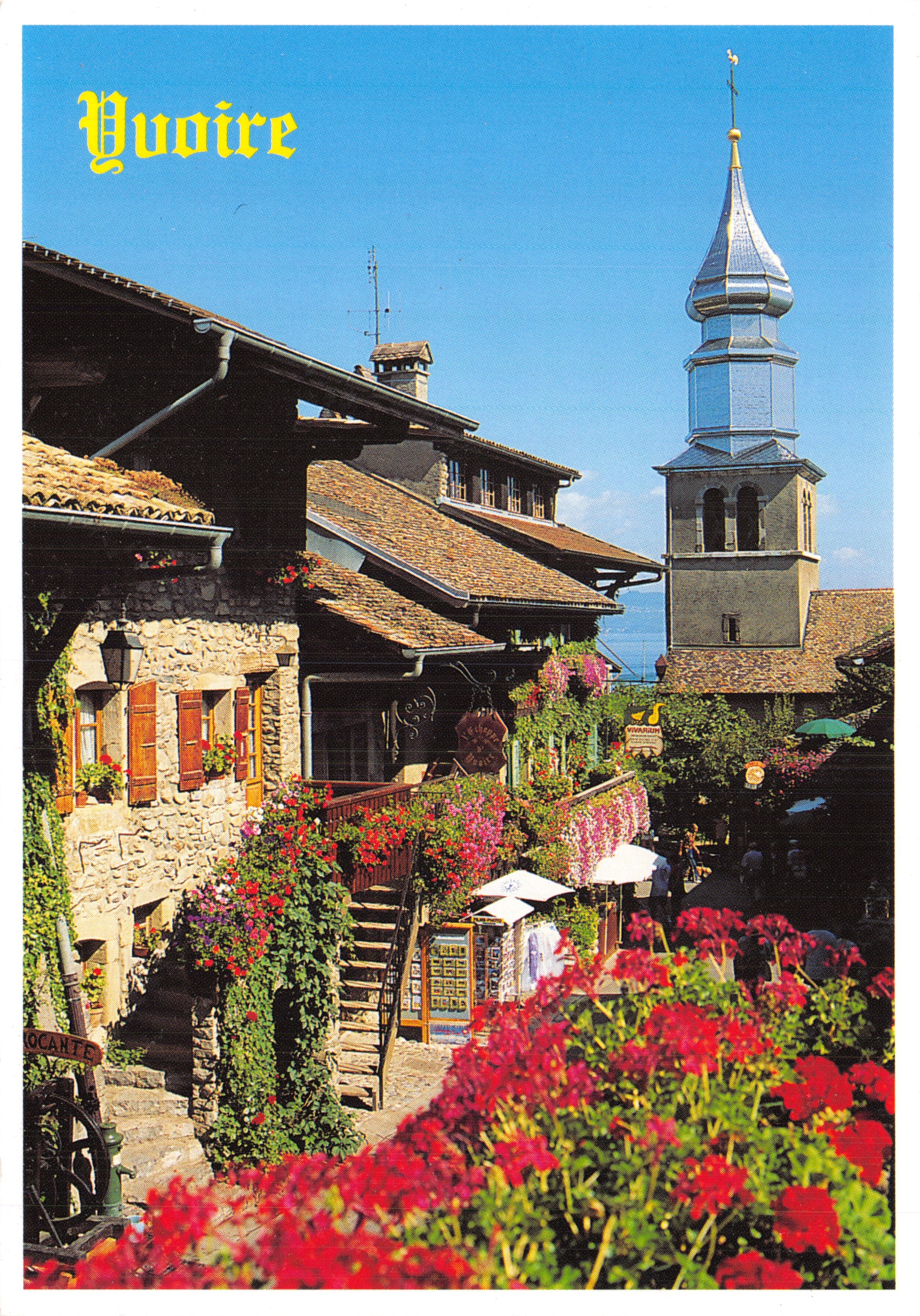 Yvoire — view of the street of the Church with church and flowers — ÉDITION-PHOTO J.-P. FRANCOZ - ANNECY