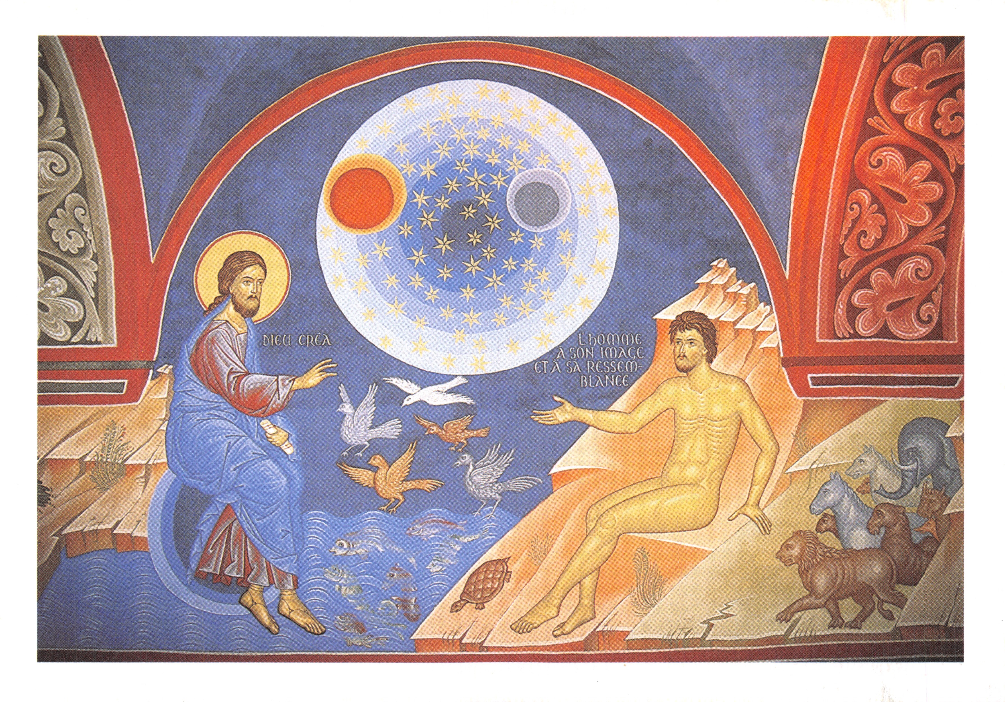 Creación de Adán y los animales — fresco de Iaroslav Dobrynyne — editor Press Interlète