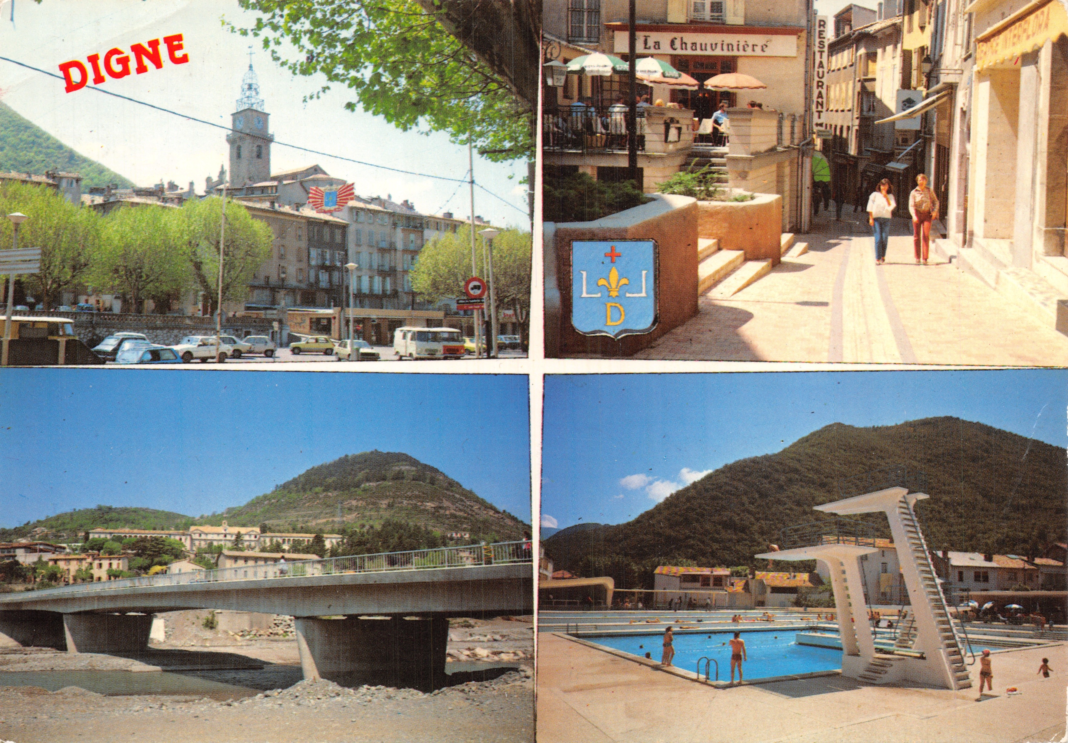 Digne — vista panoramica con la piazza, il ristorante La Chauvinière, il ponte e la piscina — Éditions Spadem
