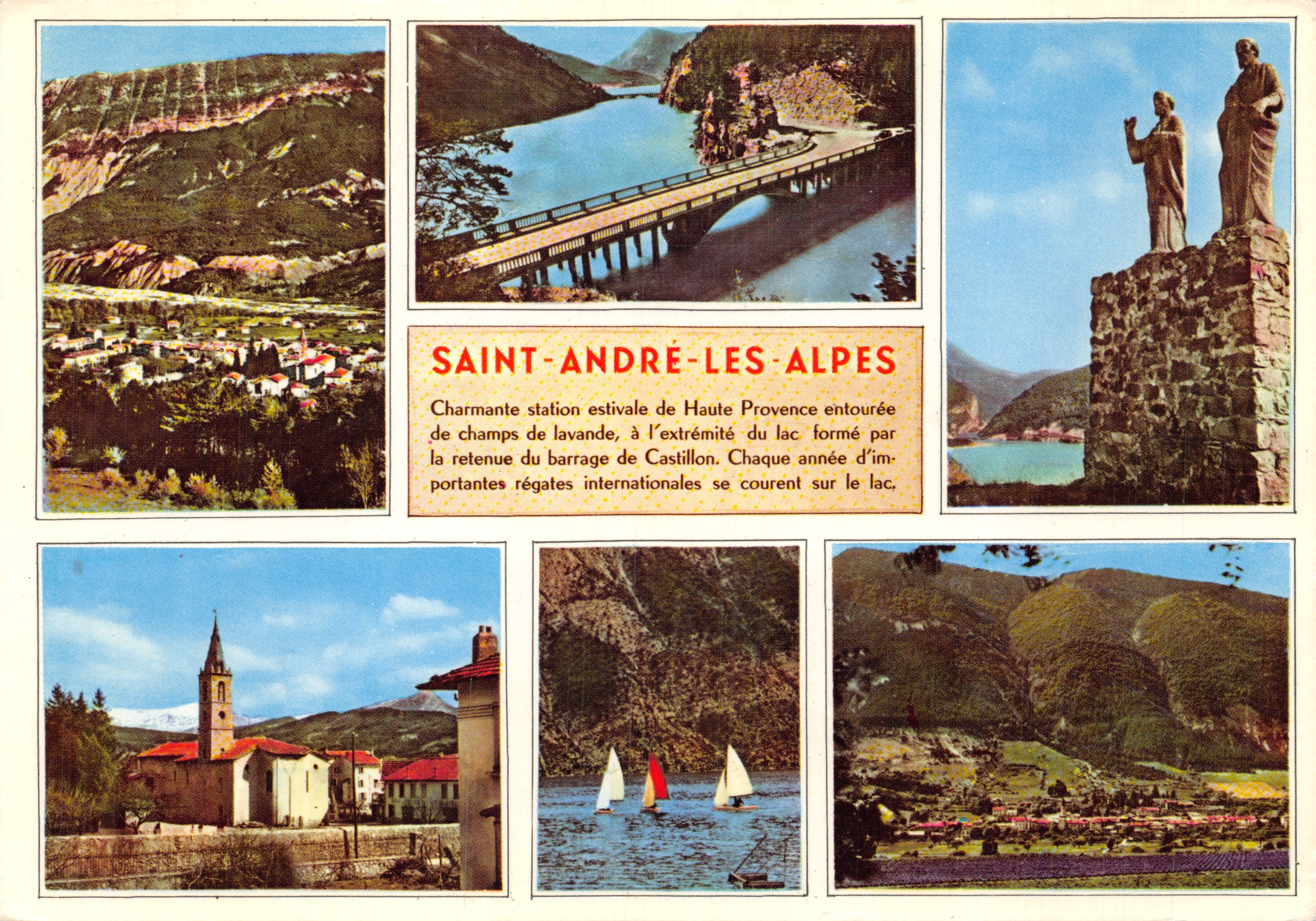 Saint-André-les-Alpes — panoramic view with lake, bridge, statues and church — Éditions ADIA, n° B.14