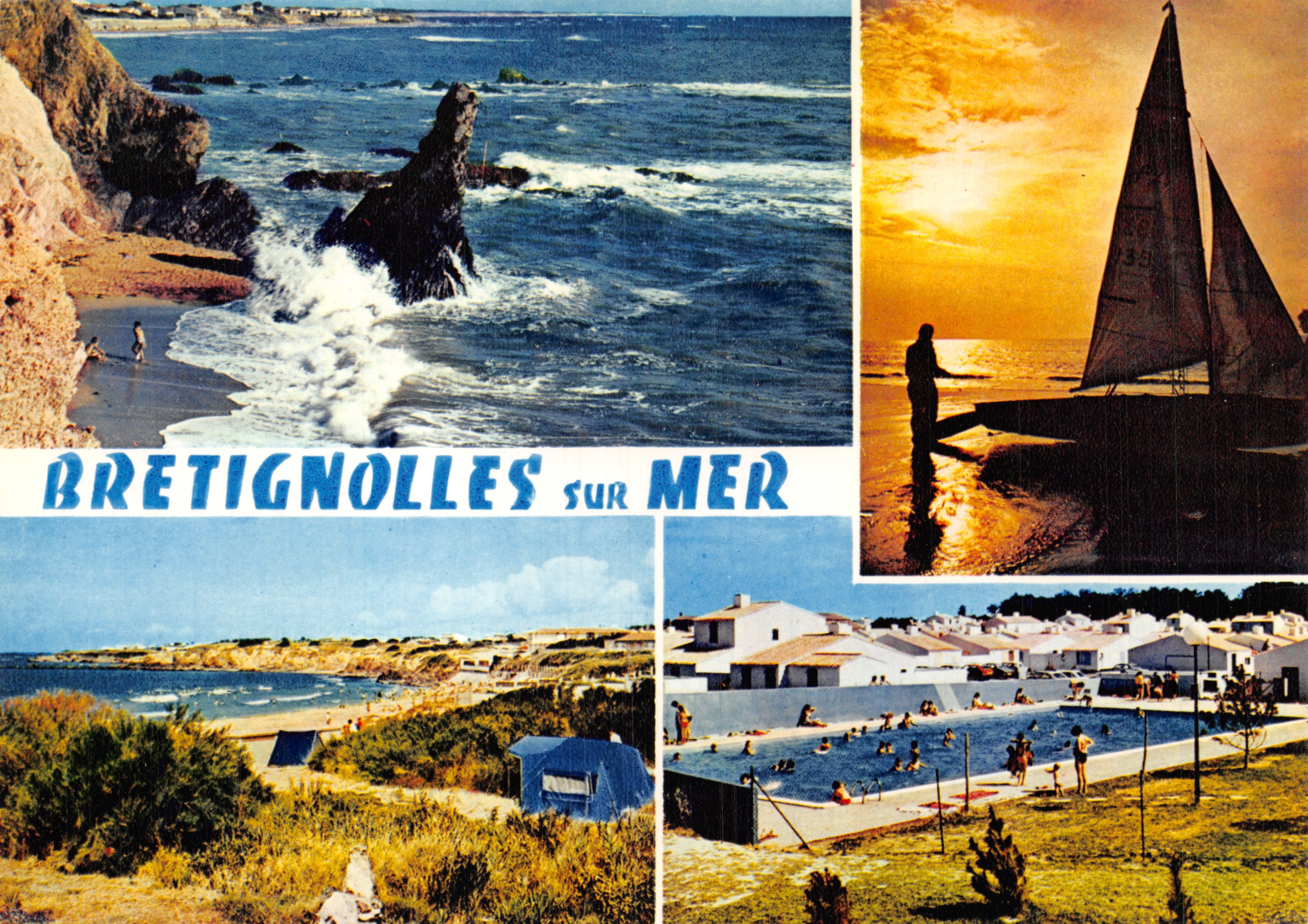 Bretignolles-sur-Mer — view of the beach, the Rocher Sainte-Véronique, a sailboat at sunset and the pool — publisher Combi Imprimeur France