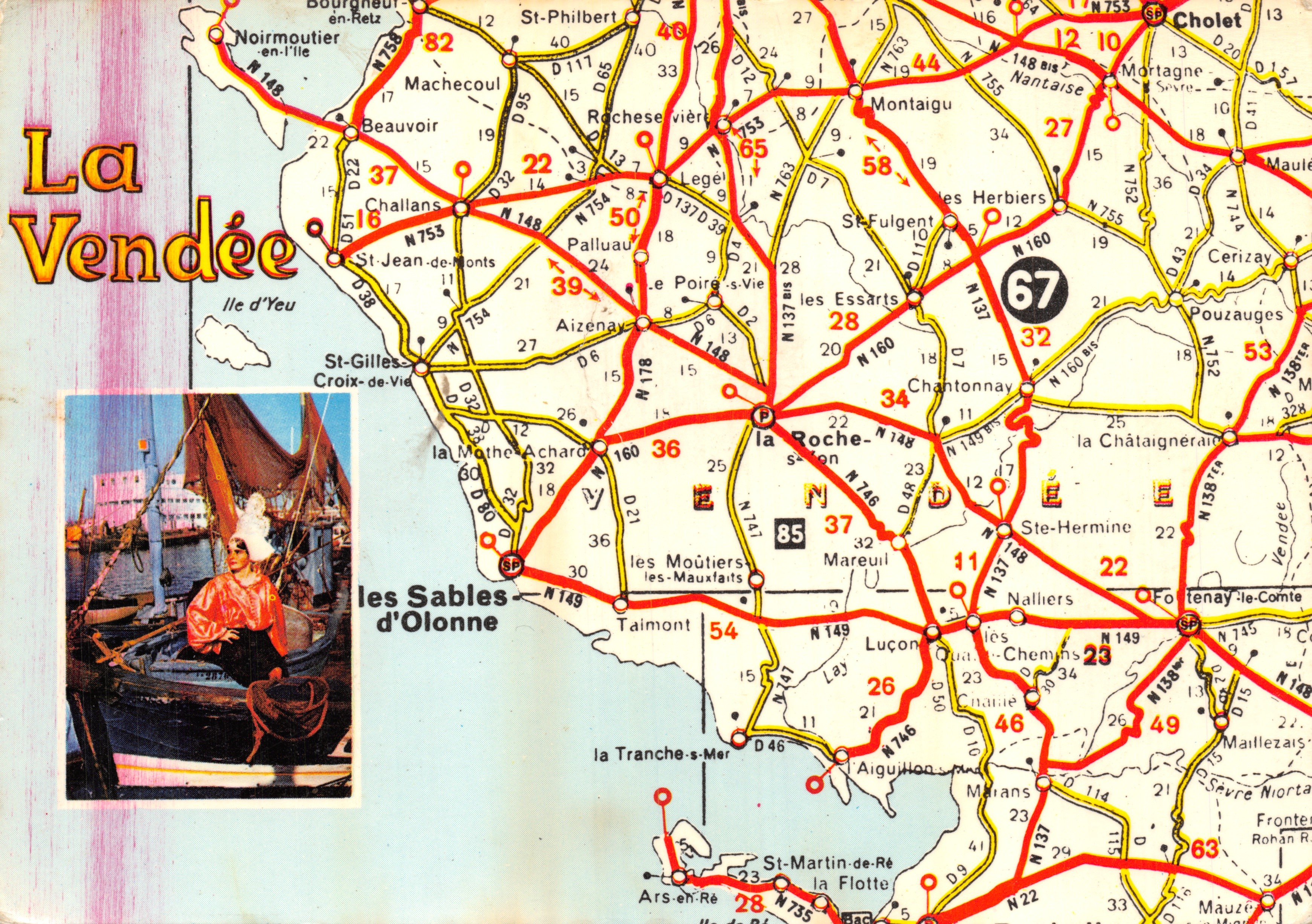 La Vendée — mapa de carreteras con ilustración de un barco en Les Sables-d'Olonne — editor Pierre Artaud & Cie