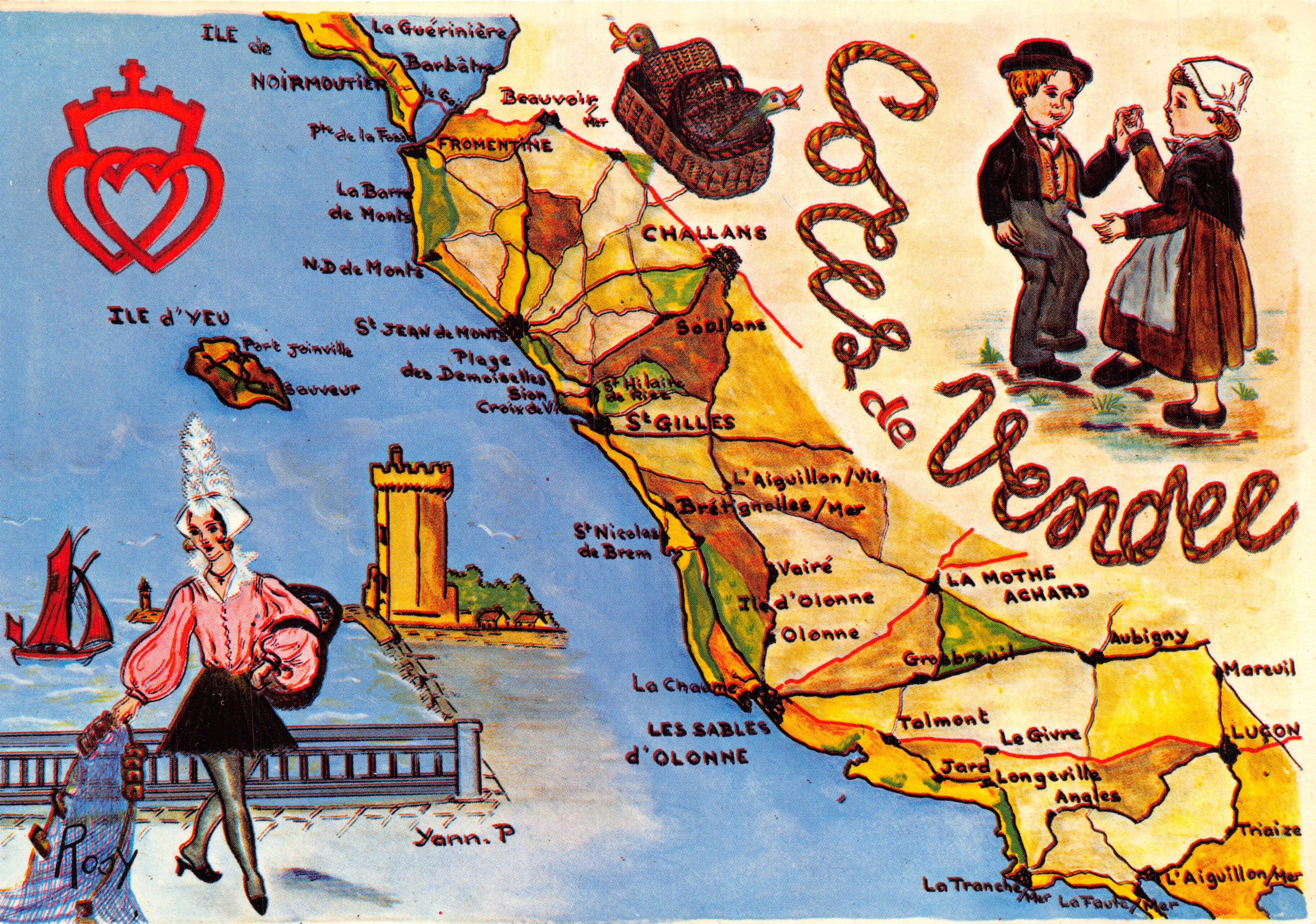 Côtes de Vendée — carte postale illustrée avec carte géographique et personnages régionaux — éditeur LYONCOLOR