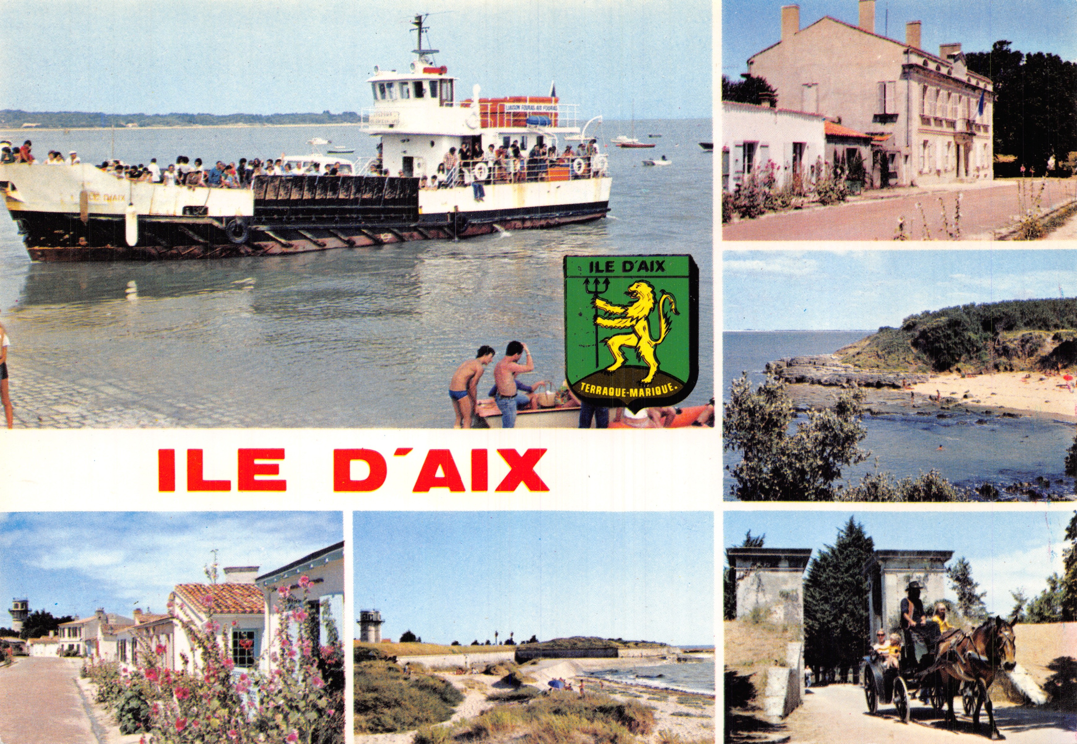 Isla de Aix — vista del puente, faro, playa y pueblo — editor Éditions Sarreguemines, n.º MT 446