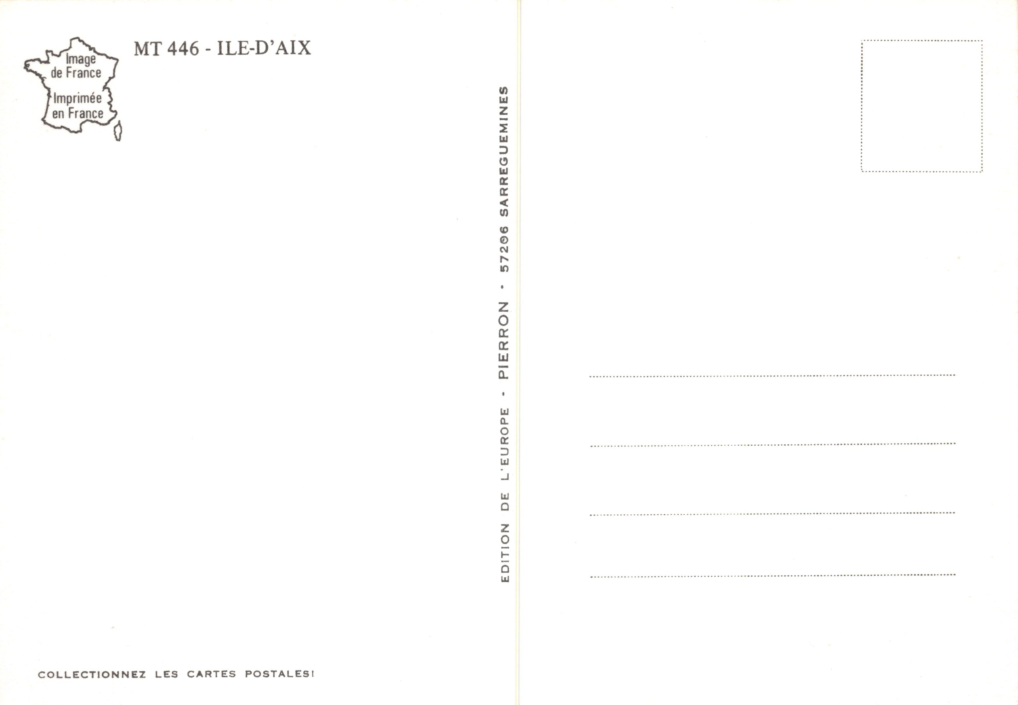 Isla de Aix — vista del puente, faro, playa y pueblo — editor Éditions Sarreguemines, n.º MT 446 — Reverso