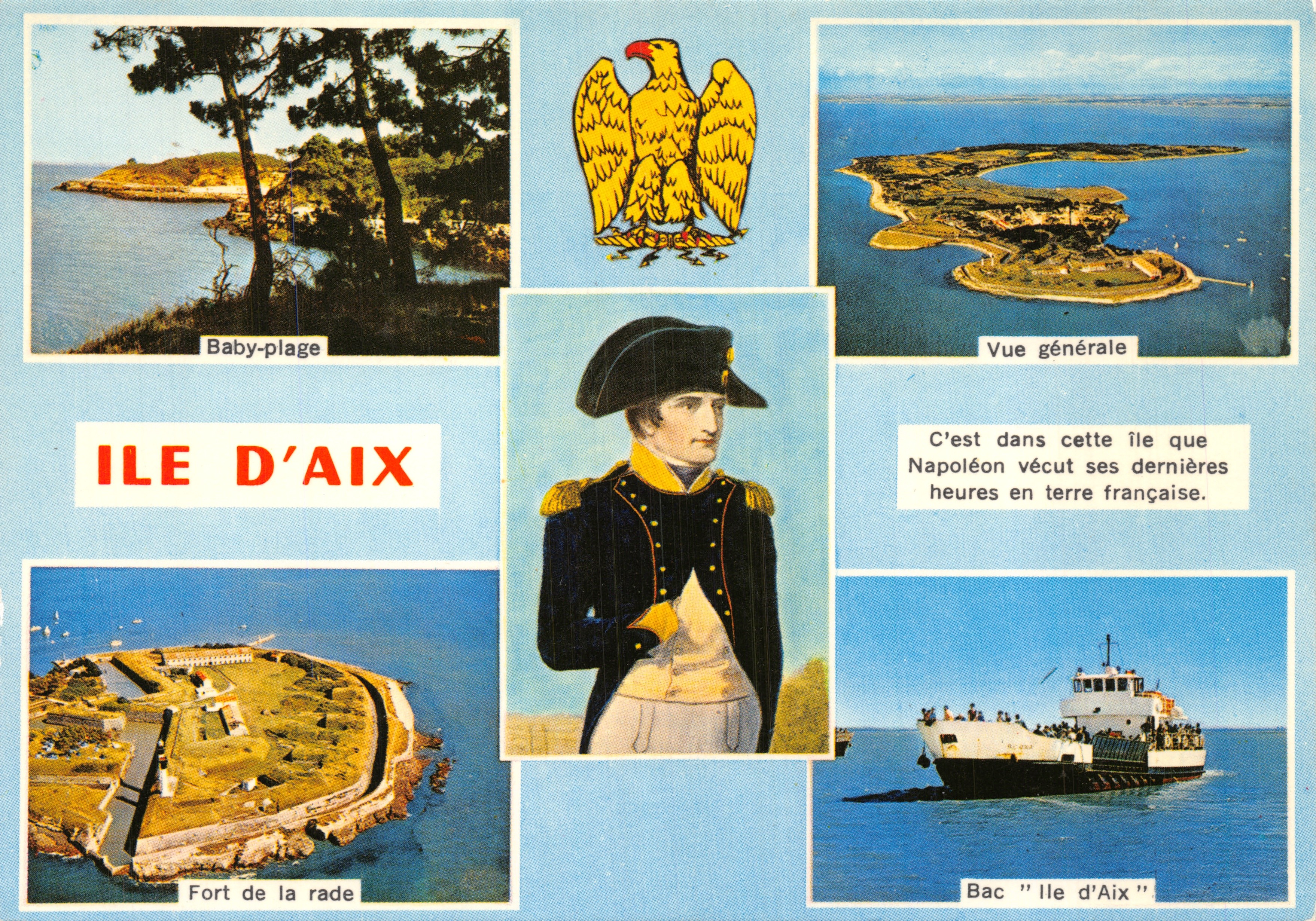 Isola d'Aix — Vista generale, Forte del porto, Spiaggia Baby, Traghetto "Isola d'Aix", ritratto di Napoleone — editore ARTAUD Frères, Nantes