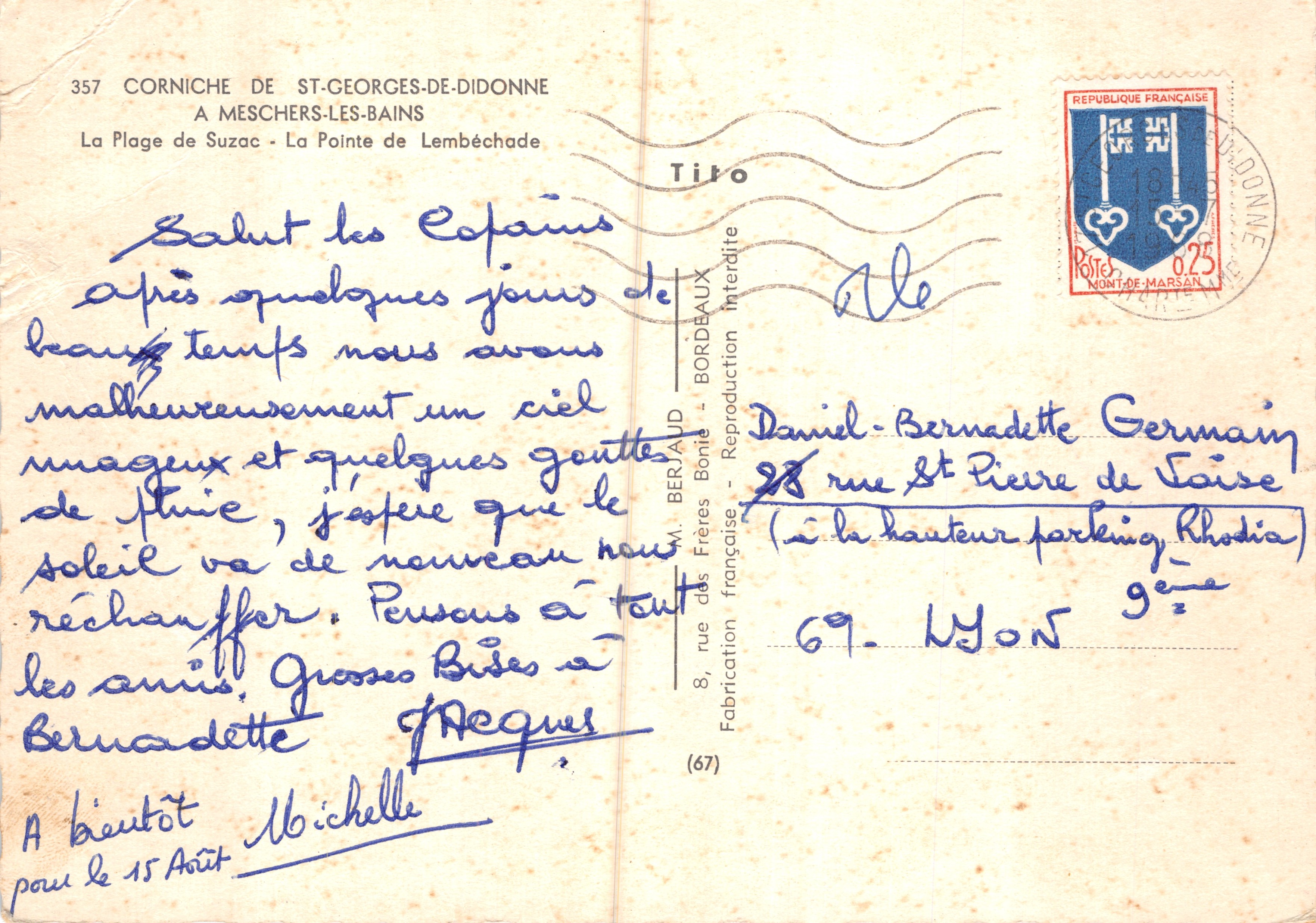 Playa de Suzac — La Pointe de Lembéchade — M. Berlaud, n.º 357 — Reverso