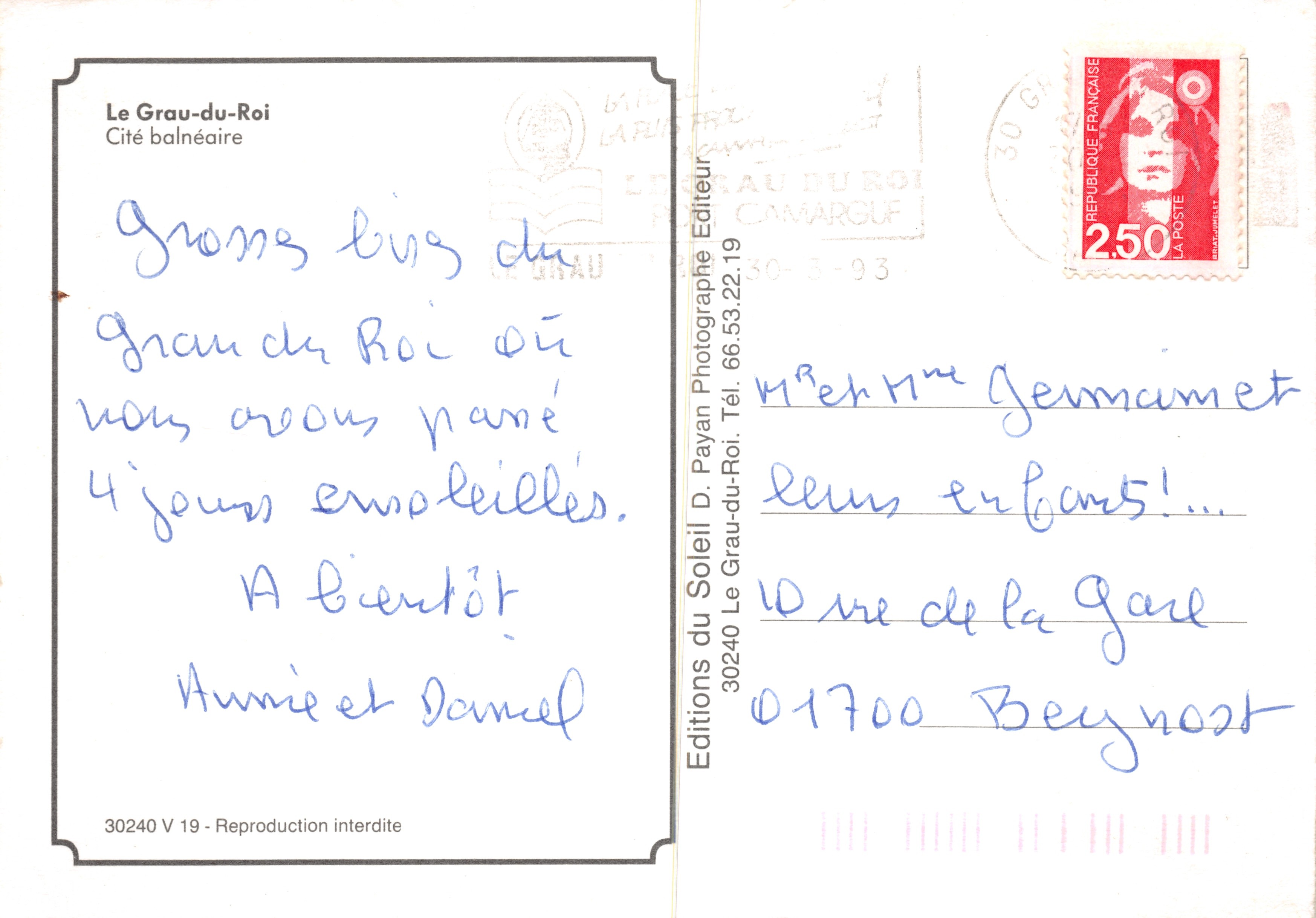 Vista aerea di Grau-du-Roi — Ricordo di Grau-du-Roi, editore D. Payan — Verso