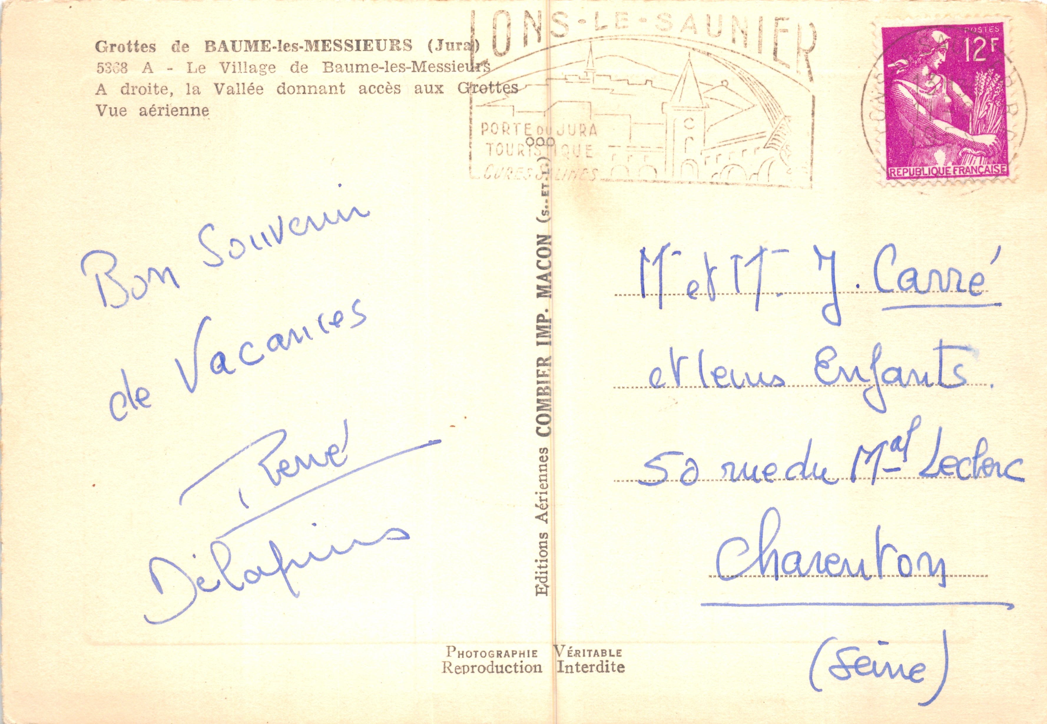 Grottes de Baume — luftige Ansicht des Dorfes und der Talregion — Éditions Aériennes Combier — Rückseite