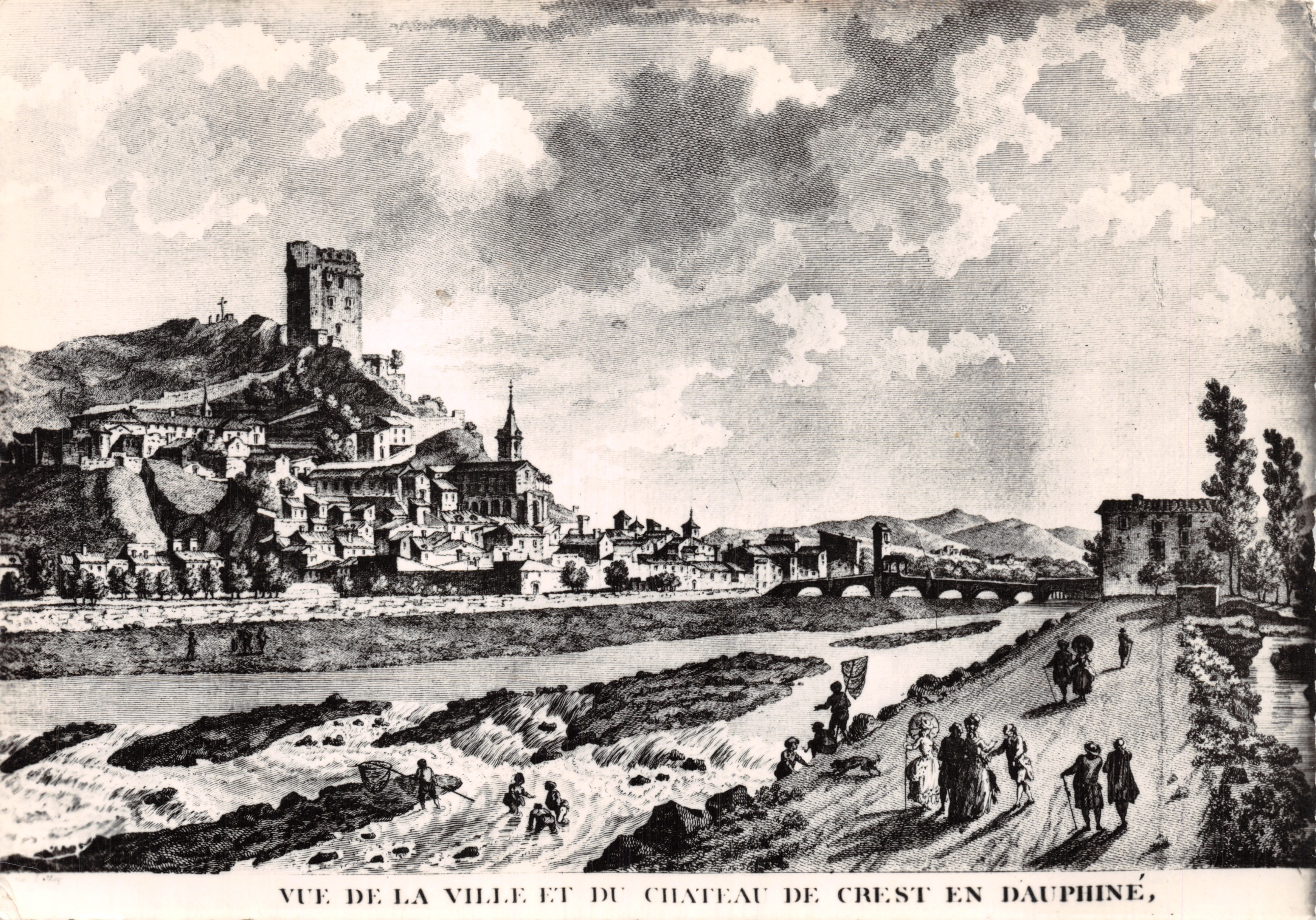Uitzicht op de stad en het kasteel van Crest in Dauphiné — gravure eeuw XVIII, uitgegeven door COMBIER & L. NACON