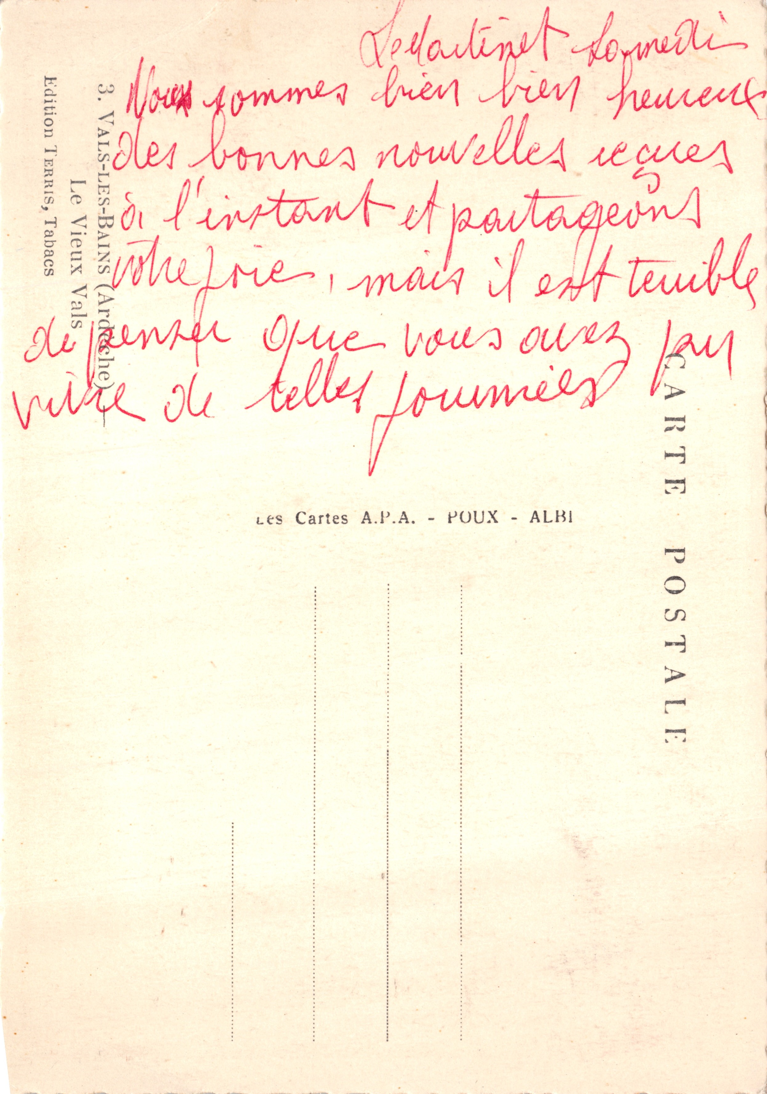 Old Vals (Ariège) — vista del pueblo con edificio religioso y curso de agua — Édition Terrnis, Tabacs — Reverso