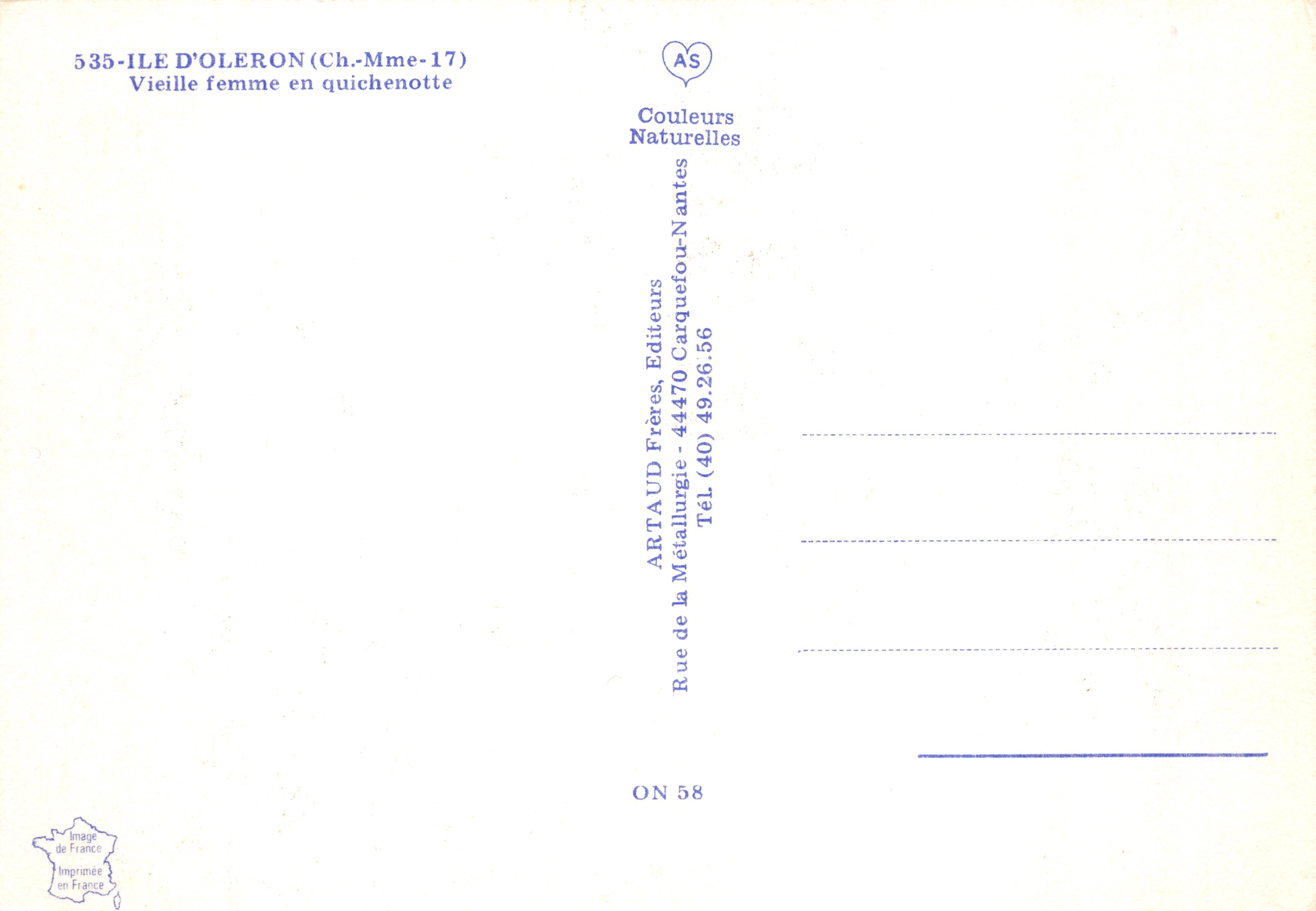 Donna anziana in quichennotte — Isola d'Oleron (Charente-Maritime) — editore ARTAUD Frères — Verso