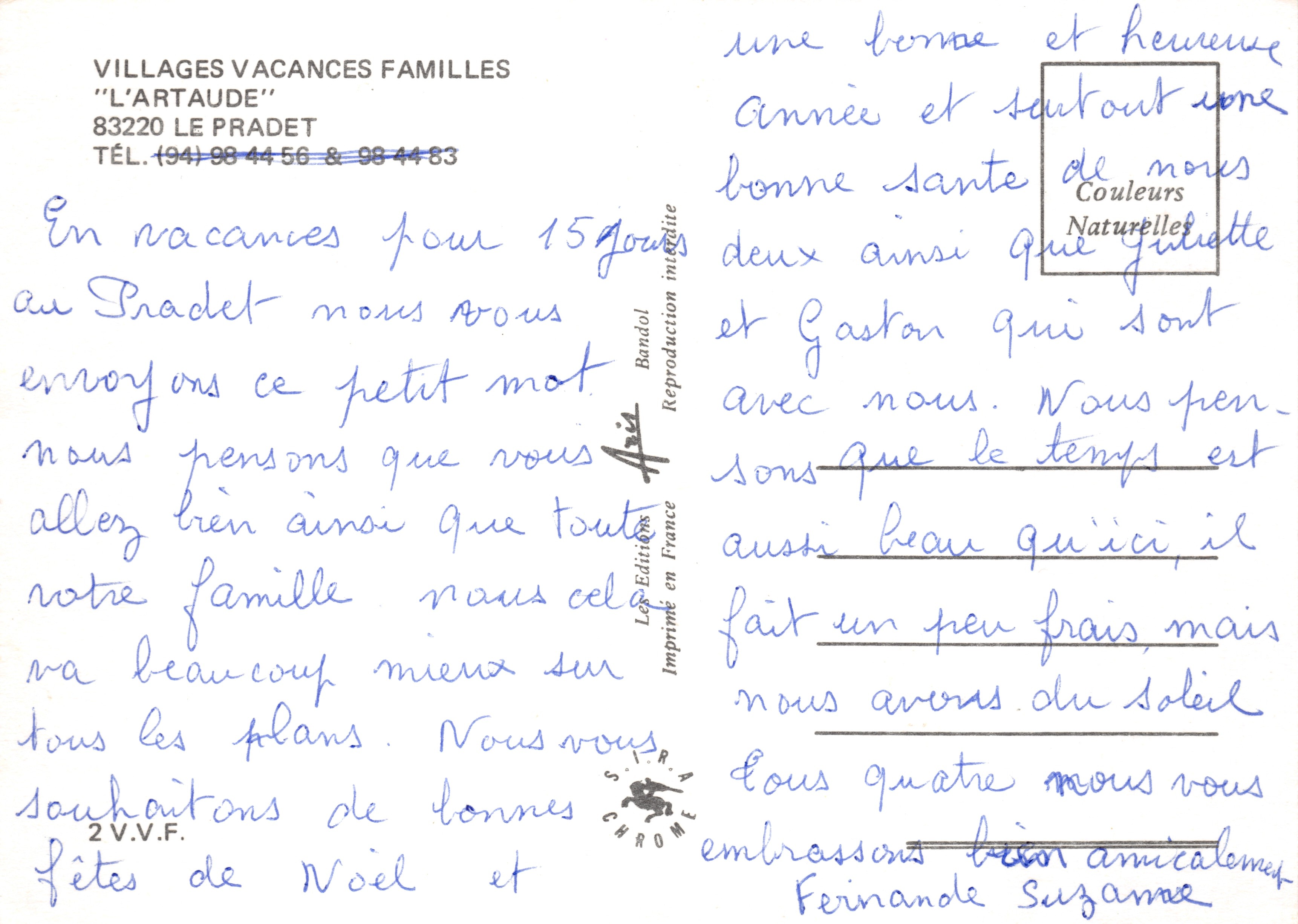 Villages Vacances Familles — L'Artaude — éditeur V.V.F. Le Pradet — Reverso