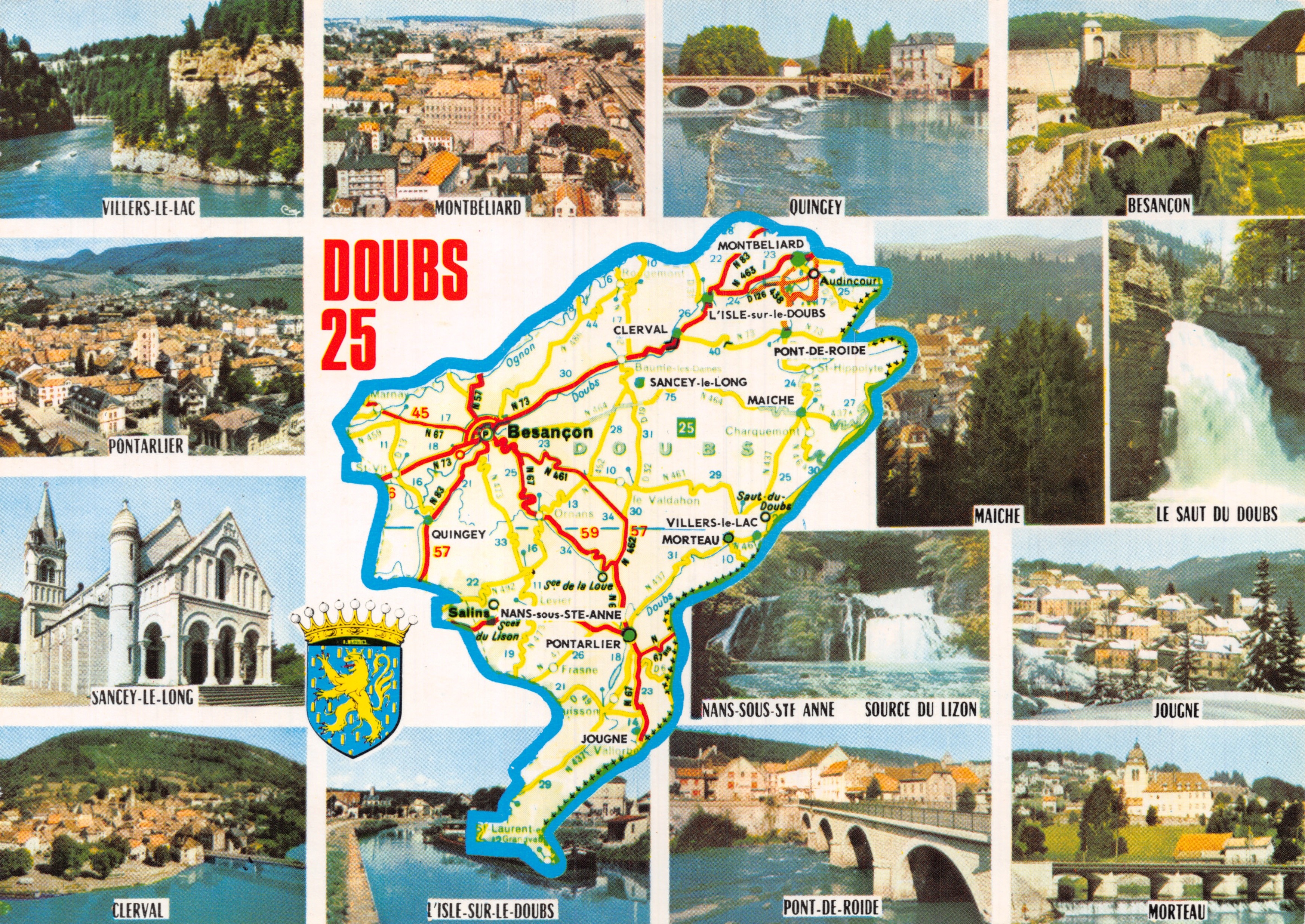 Doubs — touristische Ansichtskarte mit Blick auf Sehenswürdigkeiten und Straßenverkehr — Éditions et Impressions Combier / Mâcon