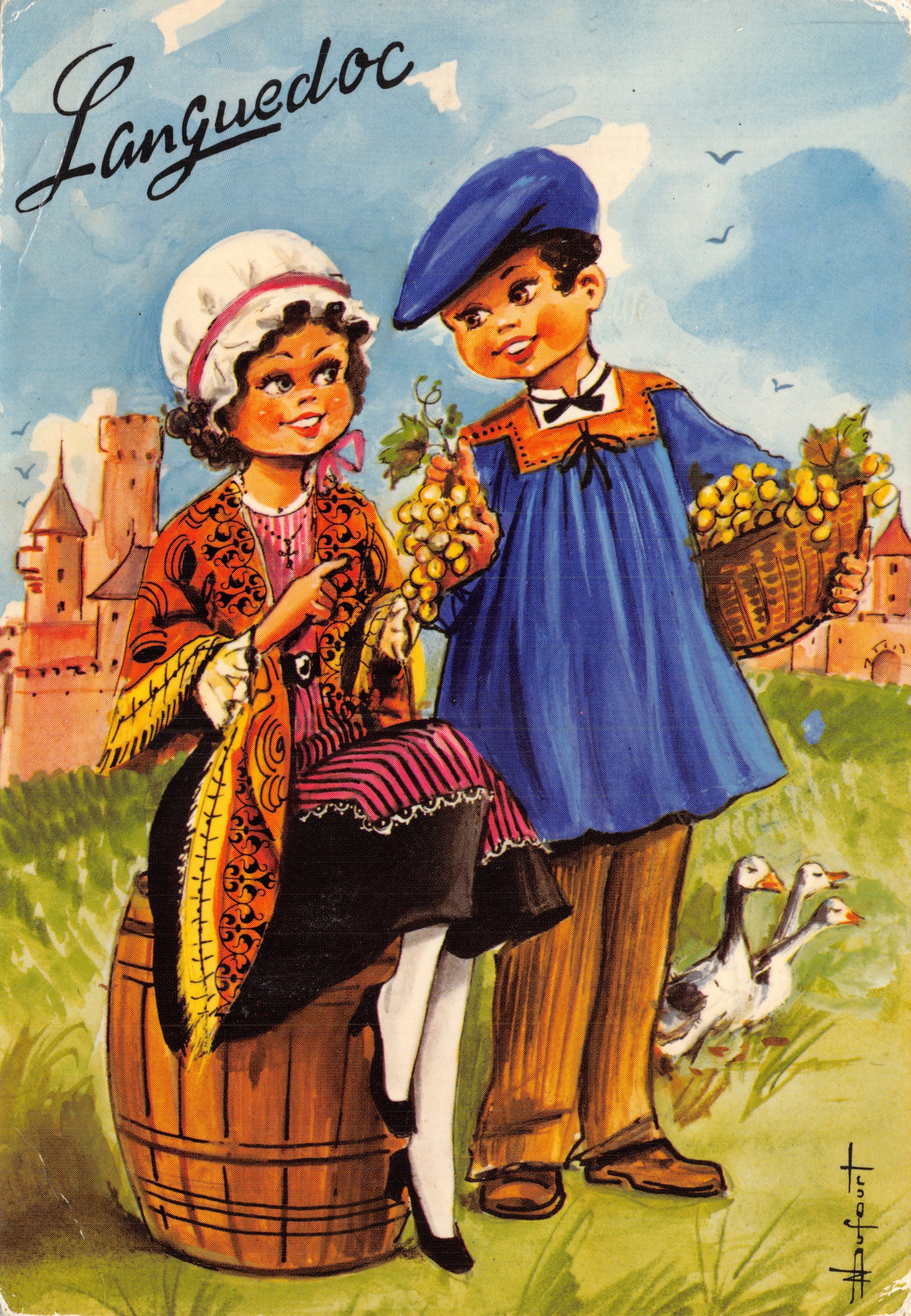 Languedoc — bambini che raccolgono uva vicino a un castello — Éditions LYONCOLOR