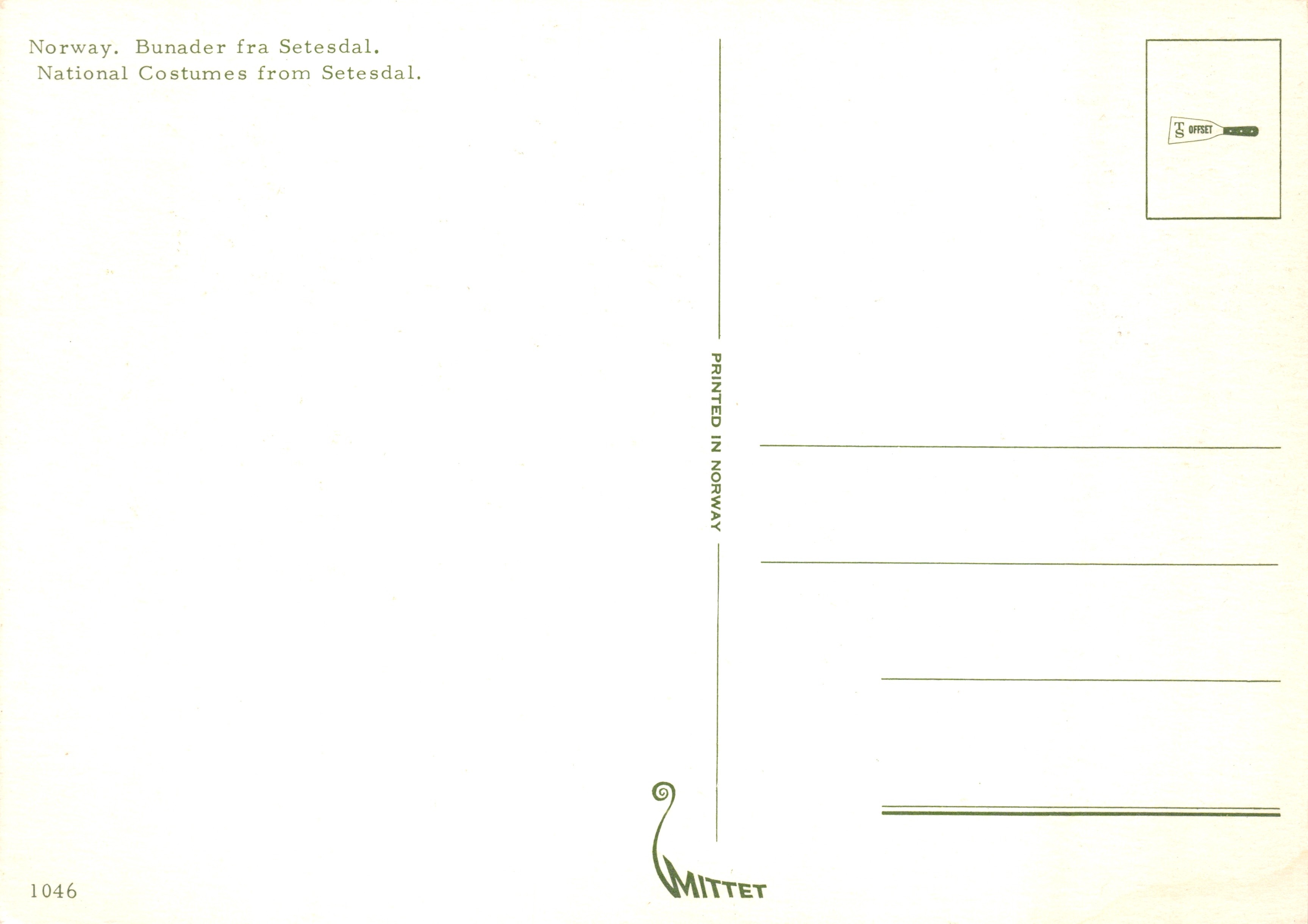Coppia en traje nacional — Setesdal — editor MITTET, n.º 1046 — Reverso