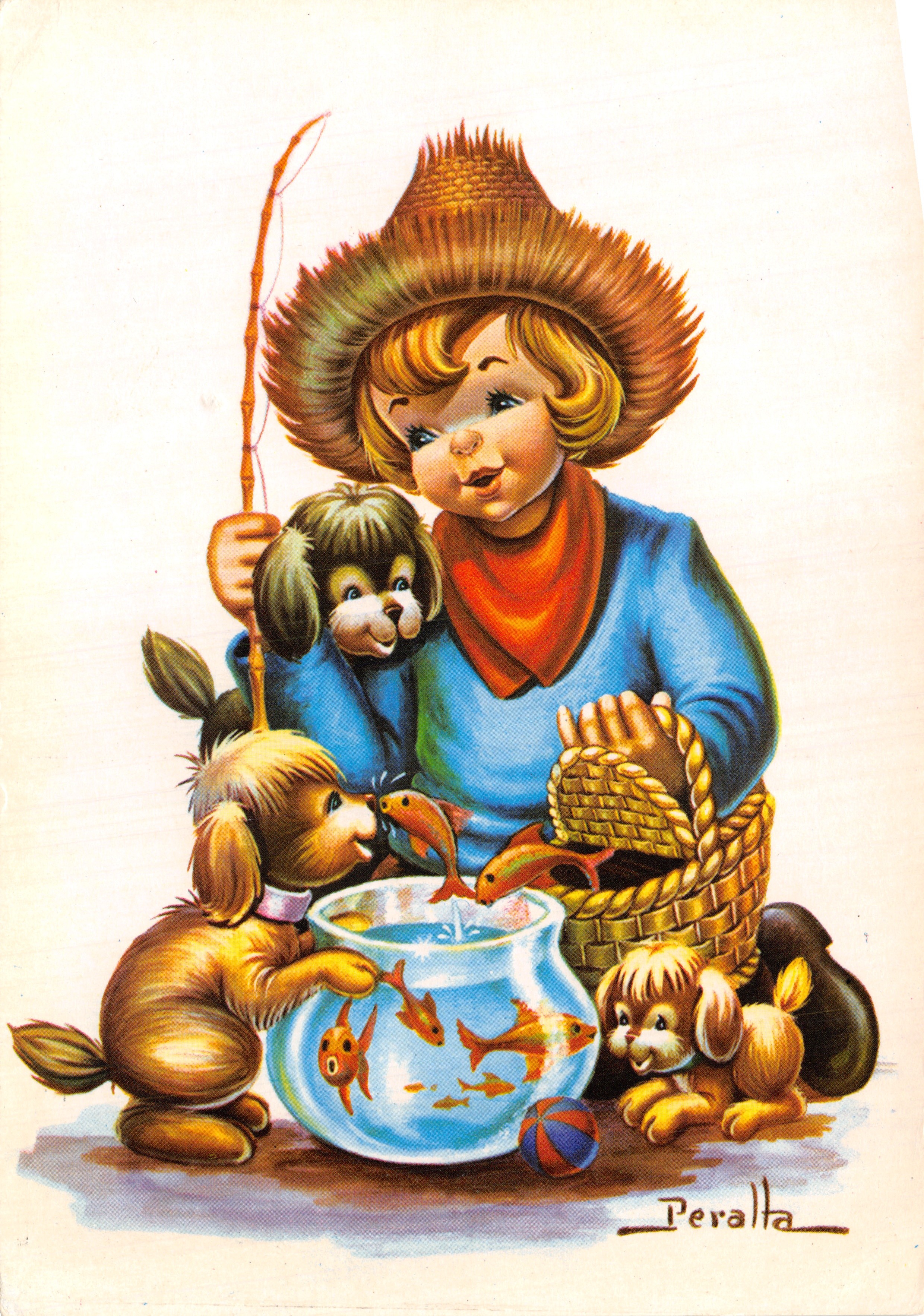 Enfant pêchant avec des chiots — scène d'été — éditeur Peralla