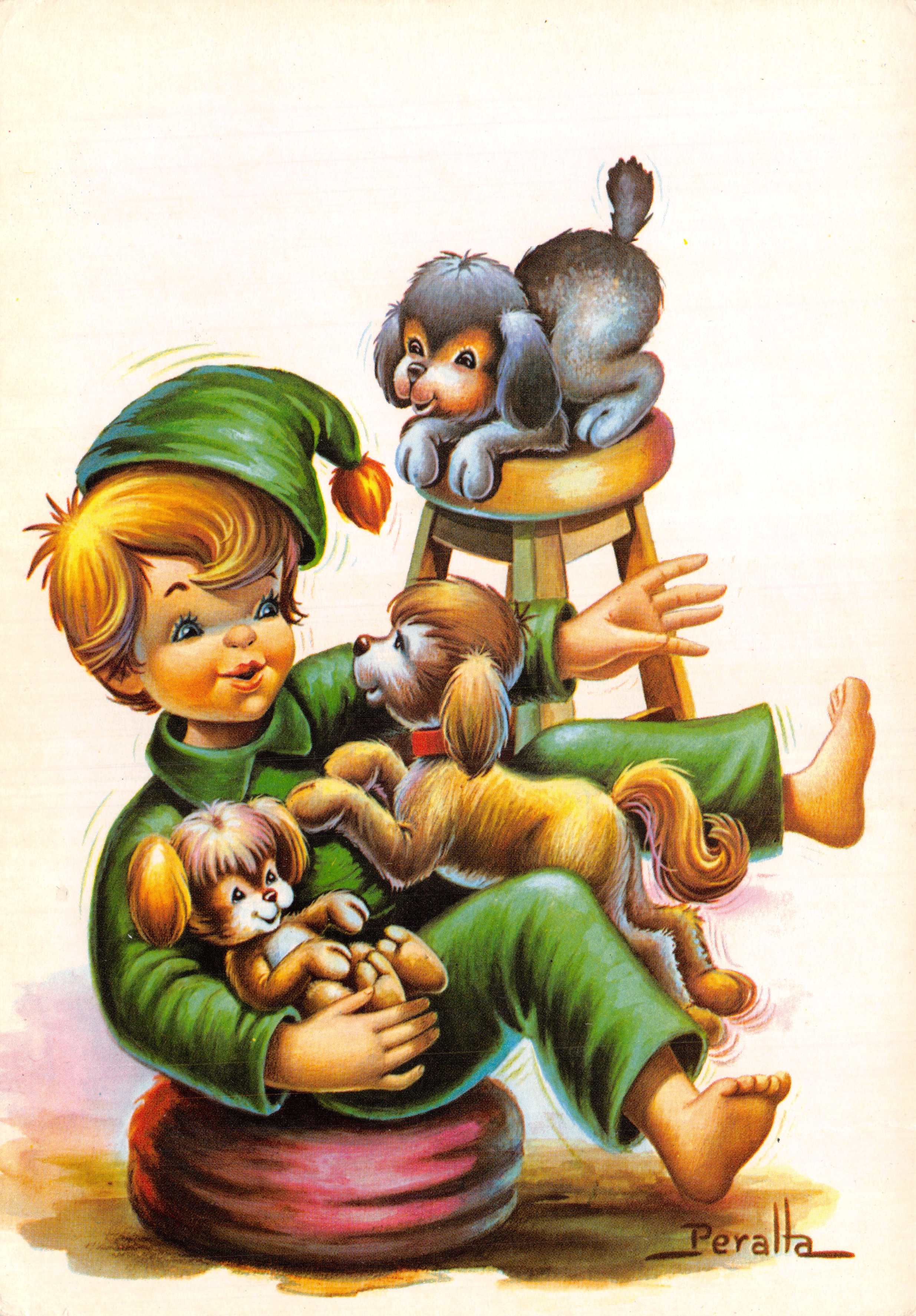 Kind mit seinen Welpen — signierte Illustration Peralta — Verleger nicht sichtbar