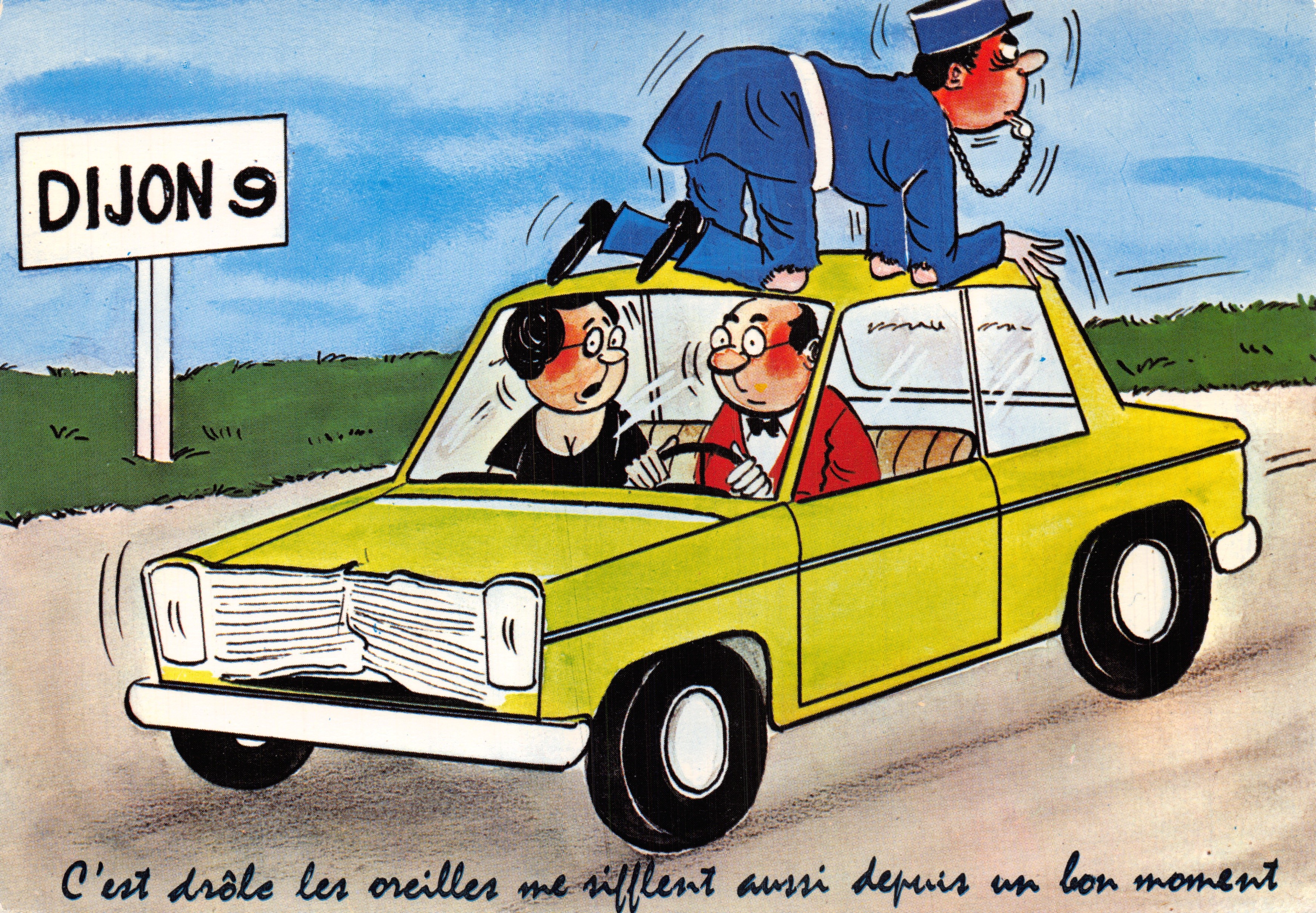 Guidatore e passeggero in una macchina gialla — poliziotto sul tetto — editore Éditions LYNACOLOR, n. 455