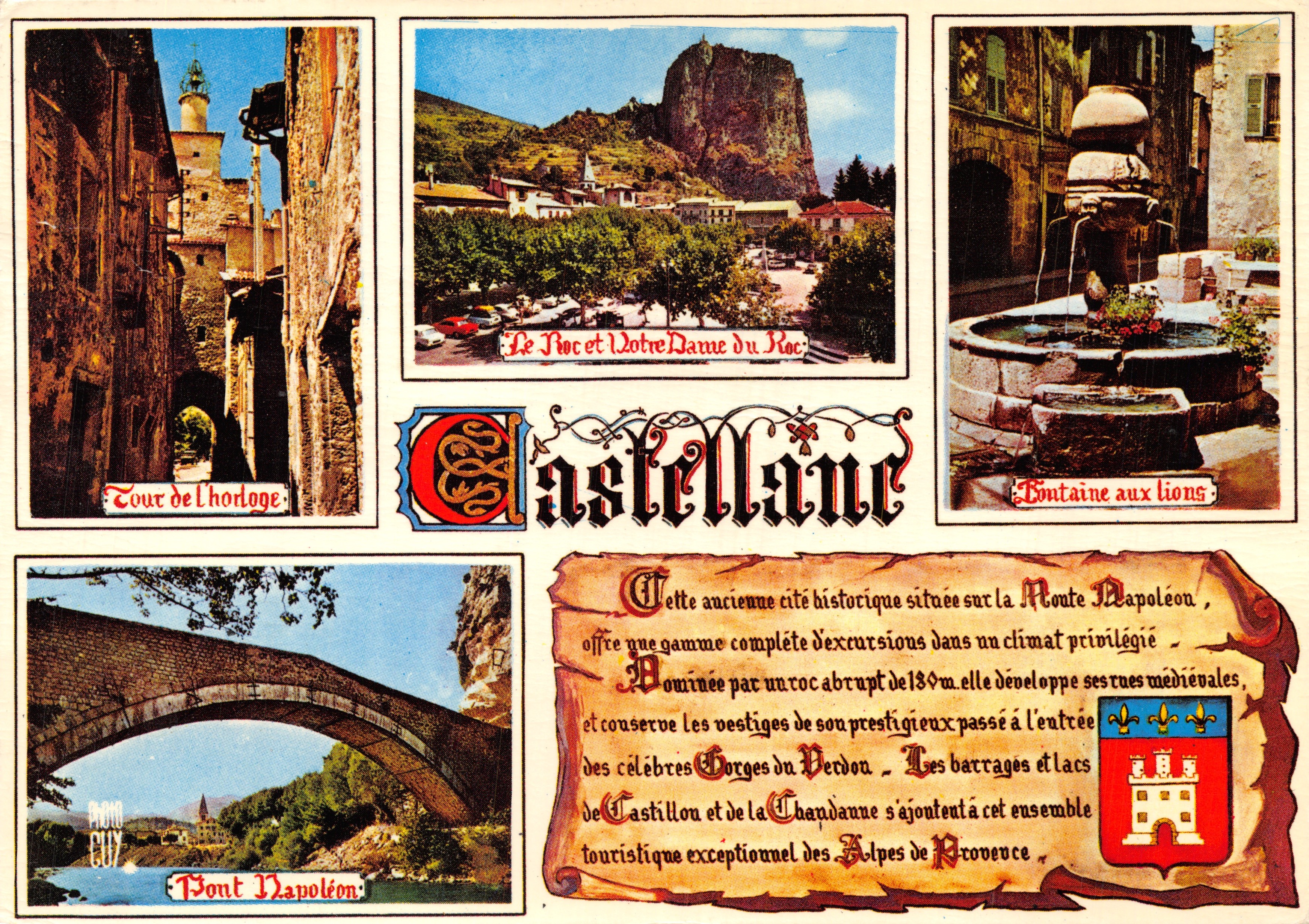 Castellane — vue panoramique avec Tour de l'horloge, Roc et Notre-Dame du Roc, Fontaine aux lions, Pont Napoléon — éditeur PHOTOCLY, n° H. 384