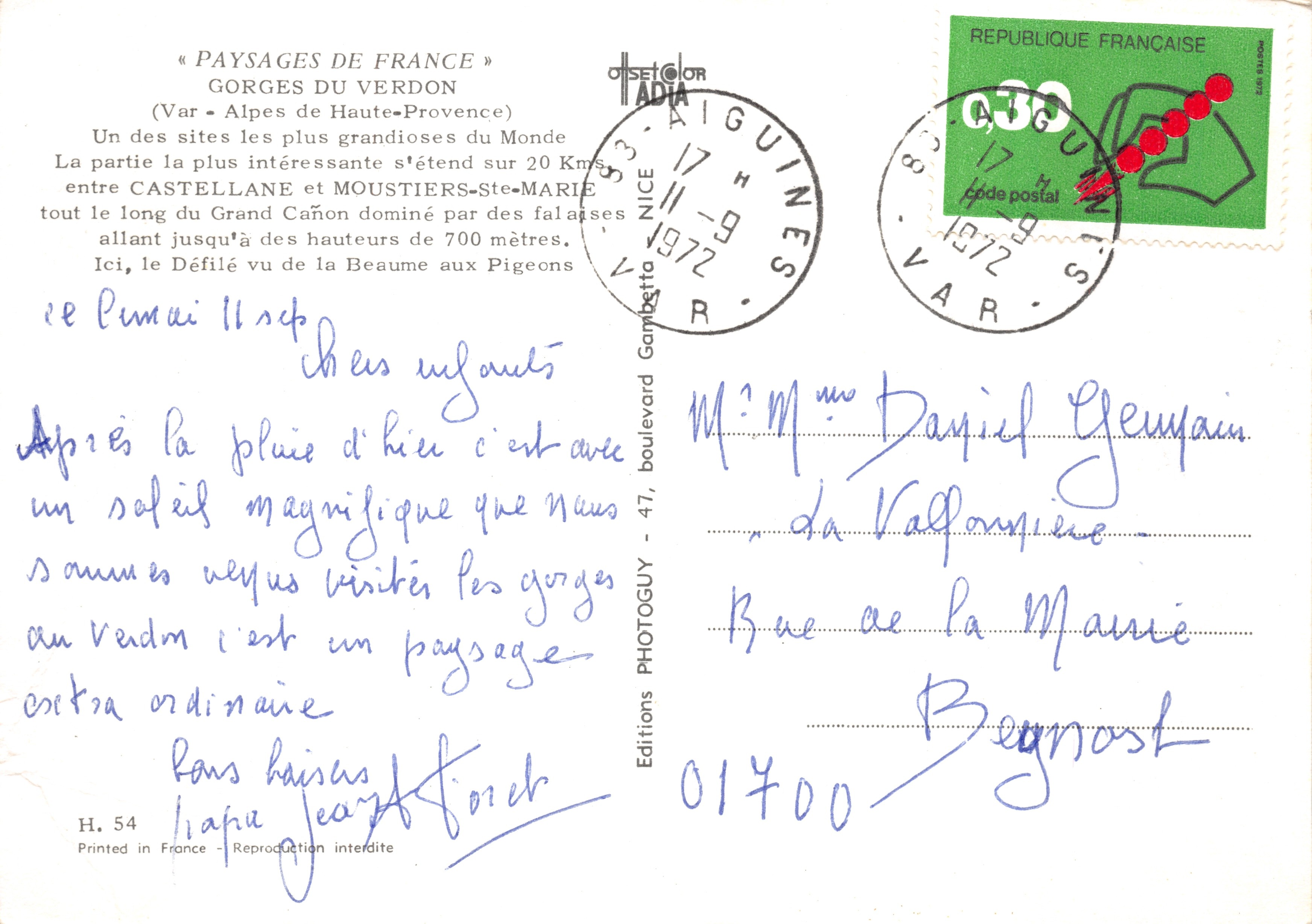 Gorges du Verdon — Uitzicht vanaf la Beaume aux Pigeons — Editions Gambetta, H. 54 — Achterkant