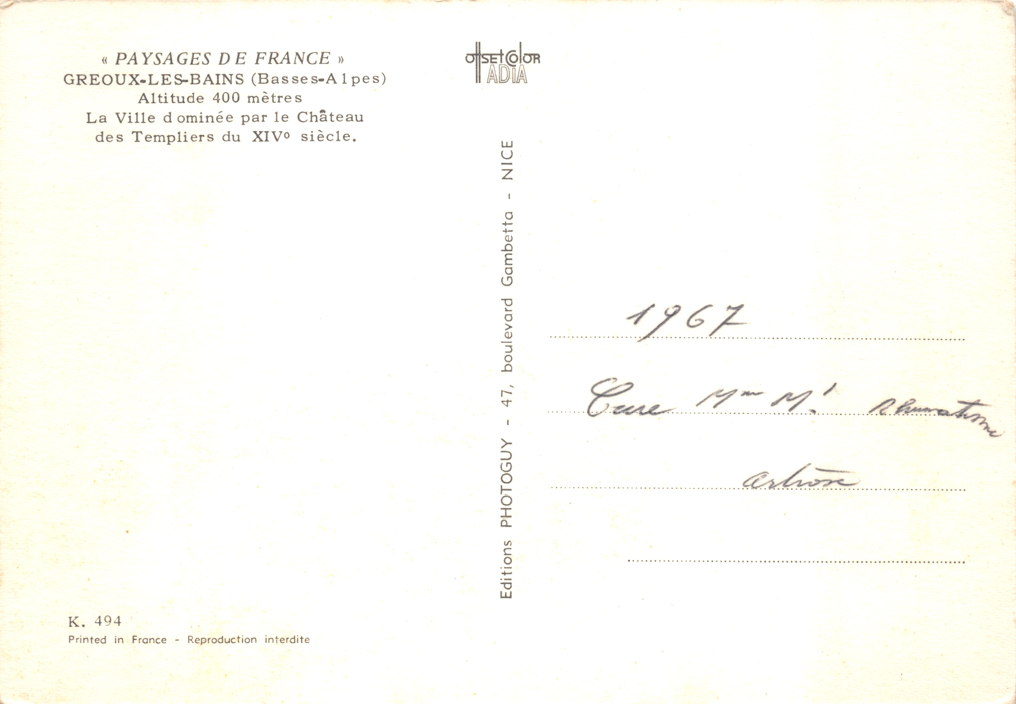 Greoux-les-Bains — town dominated by the Templar castle — Otiscolor Editions, NICE — Back