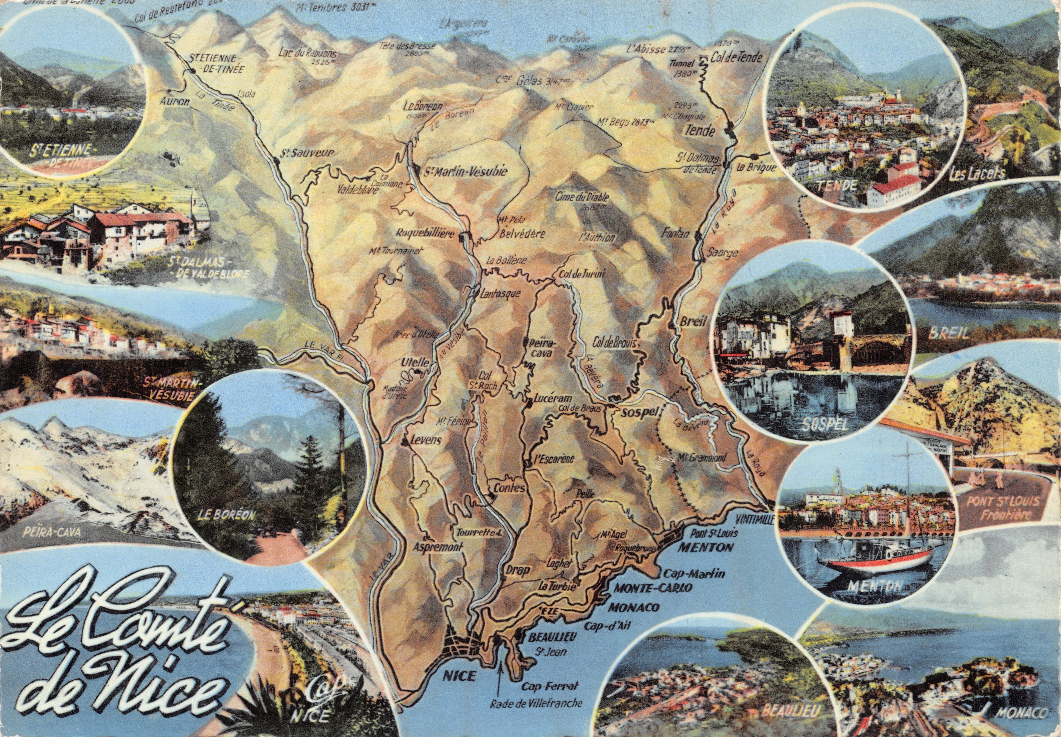 Le Comté de Nice — carte géographique illustrée avec vues de Sainte-Tite, Tende, Beaulieu, Monaco et Menton — éditeur Cie les Arts Photomécániques
