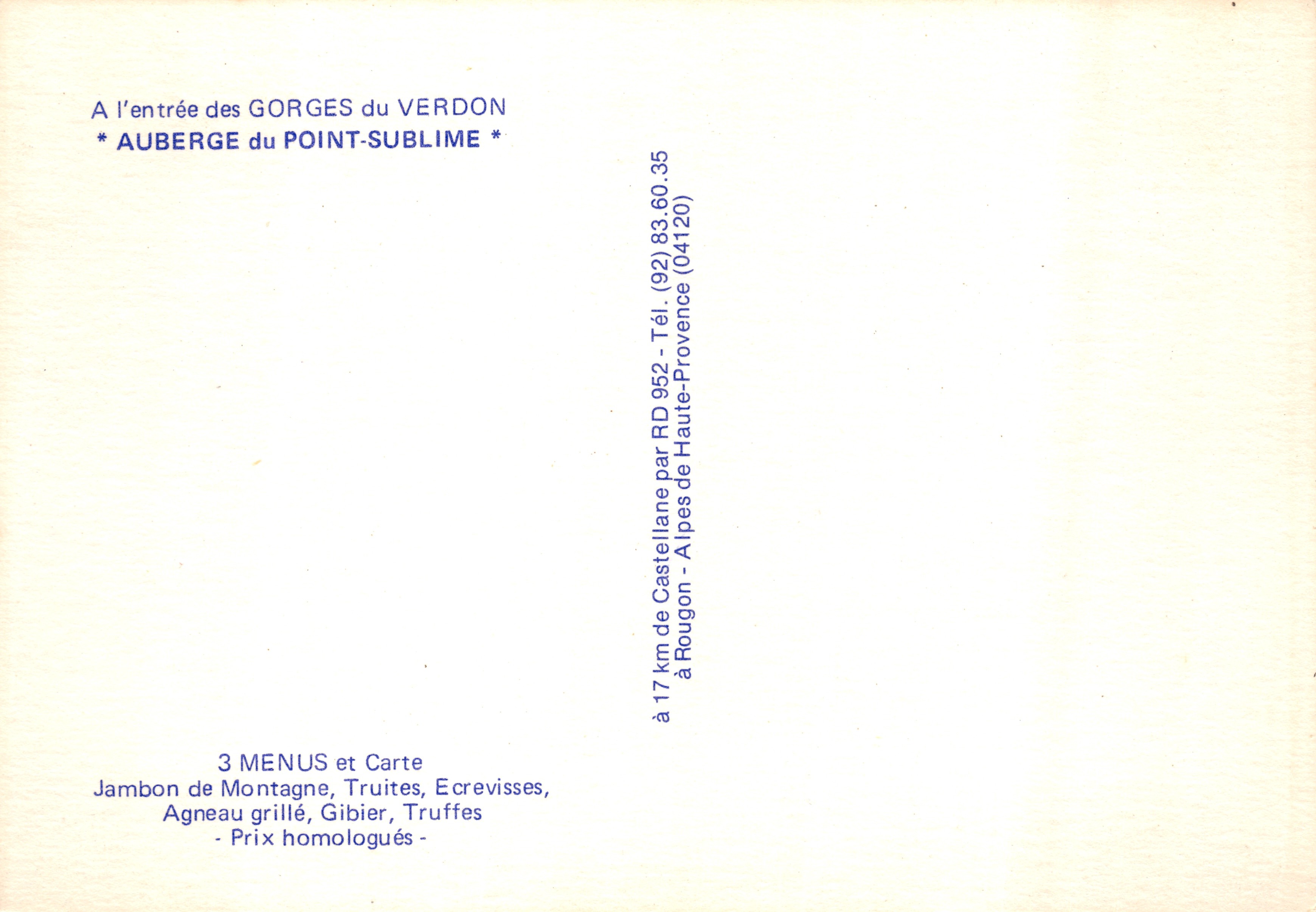 Auberge du Point-SUBLIME — Invoer naar de Gorges du Verdon — uitgever niet zichtbaar — Achterkant