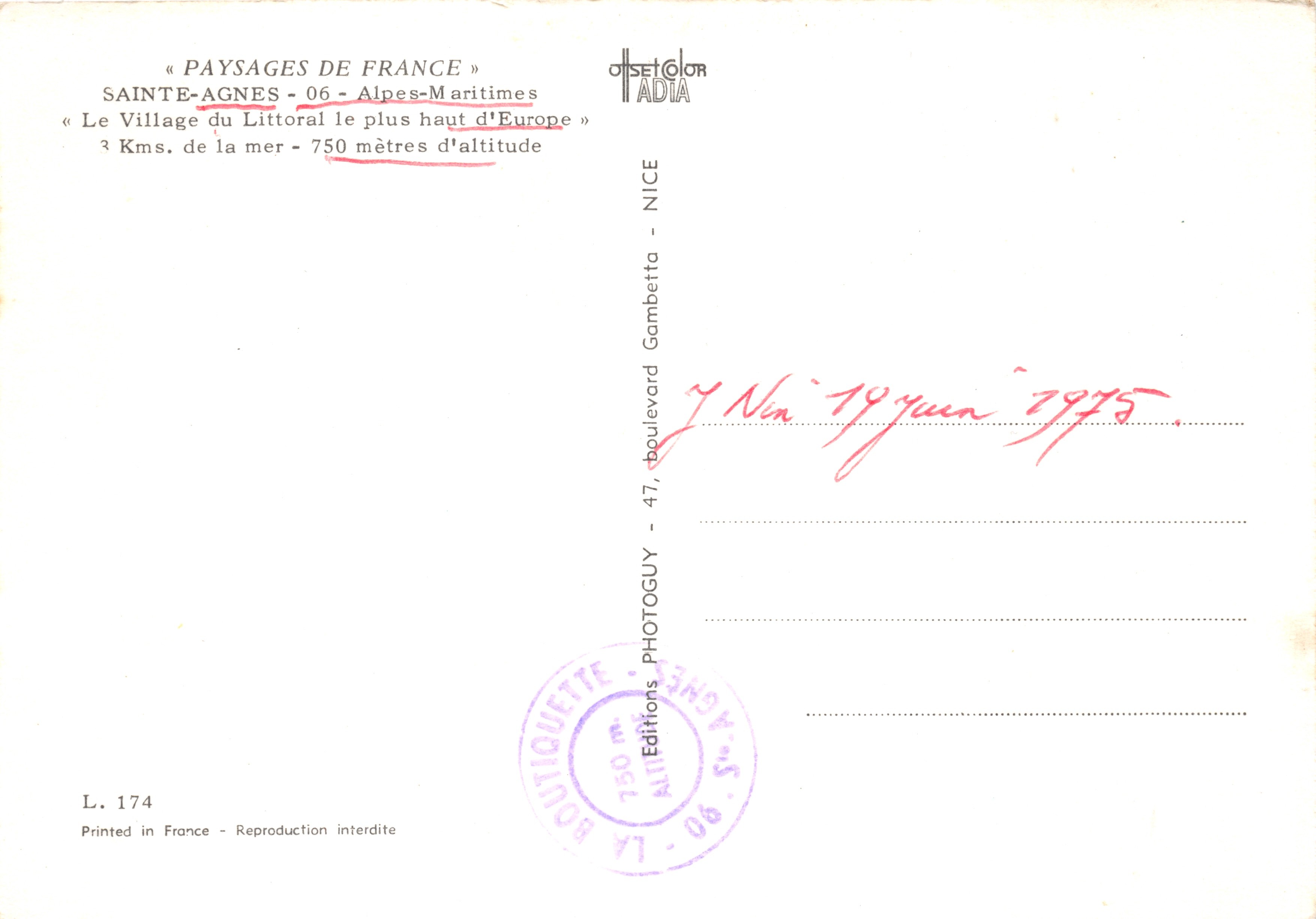 Sainte-Agnès — Hoogste kustdorp van Europa — Éditions OSETCOLOR ADIA, L. 174 — Achterkant