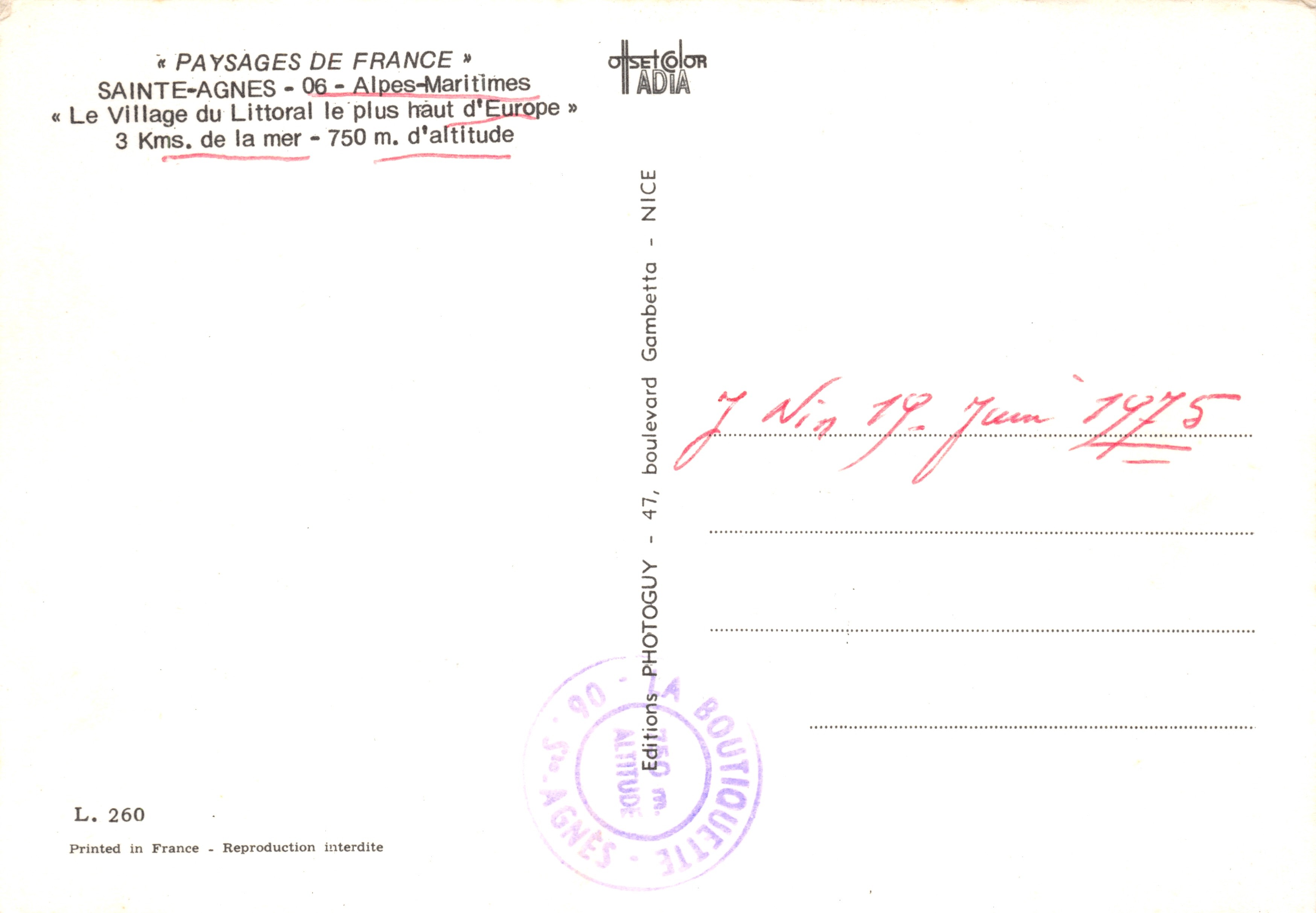 Sainte-Agnès — il villaggio costiero più alto d'Europa — editore OSET GLOR ADIA, n. L. 260 — Verso