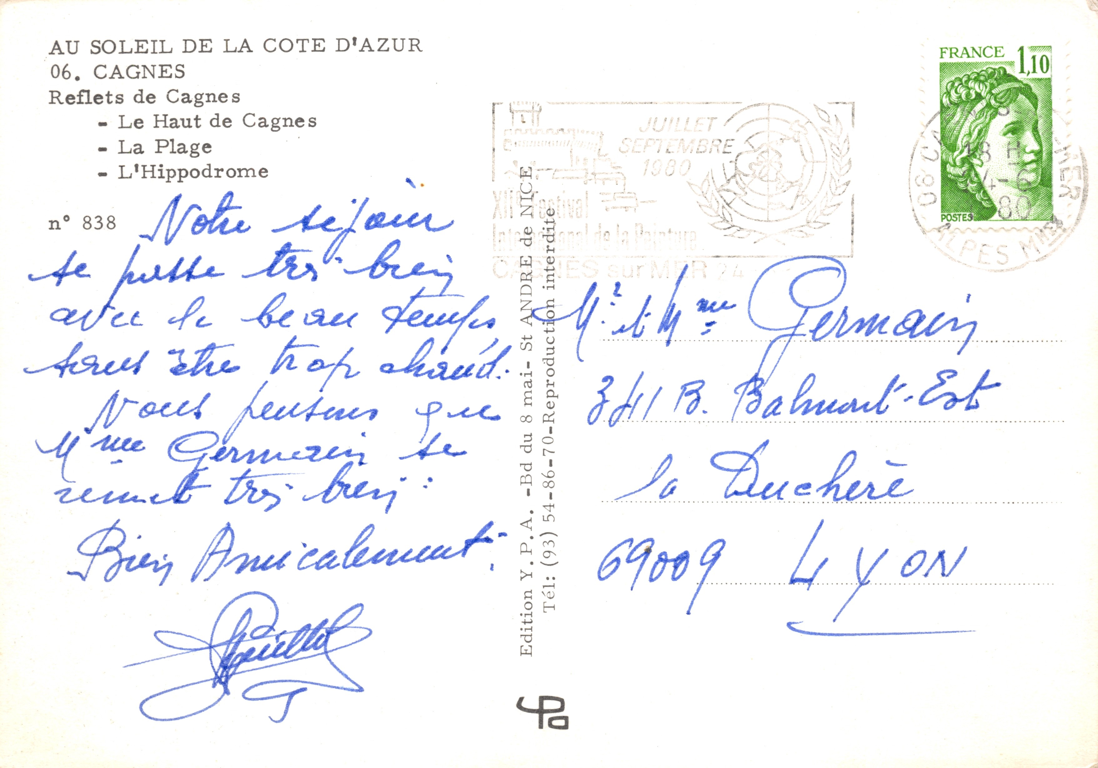 Cagnes-sur-Mer — vista de la playa, desde el alto del pueblo y del hipódromo — Édition Y.P.A. n° 838 — Reverso