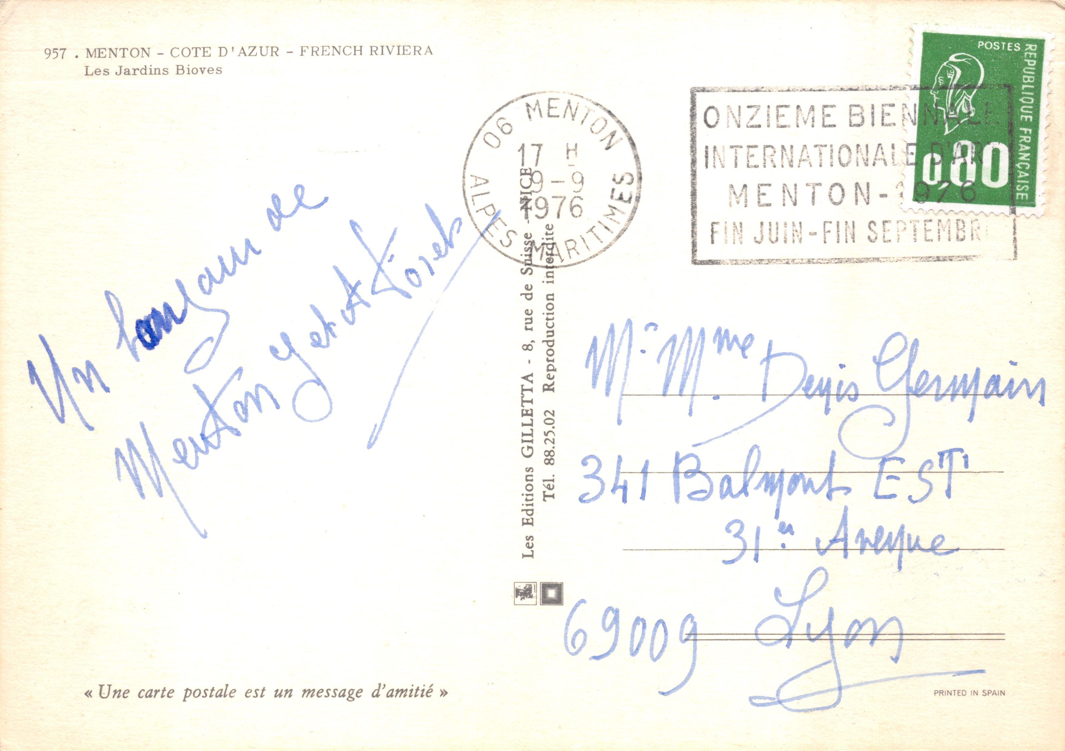 Menton — Jardins Bioves — Les Editions GILLETТА — Rückseite