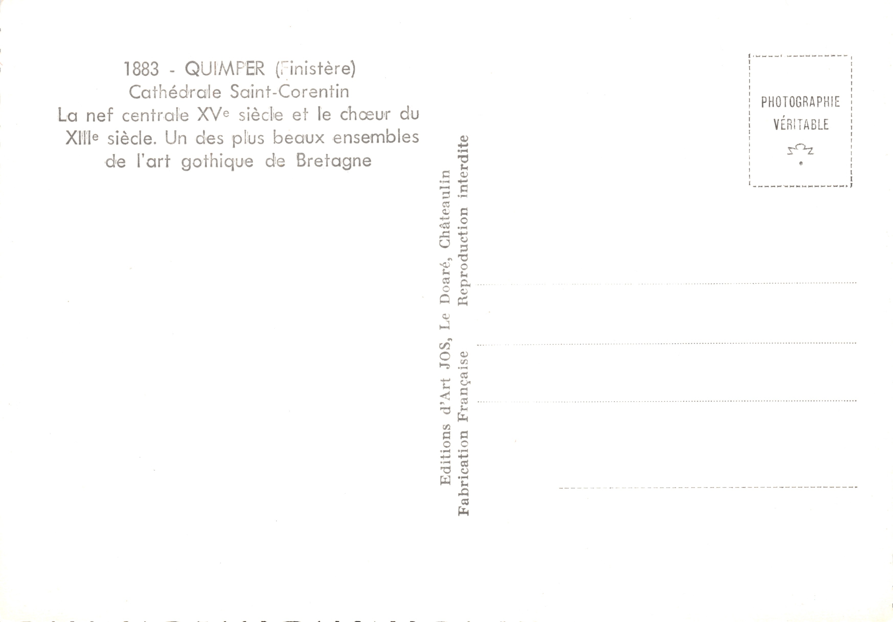 Cathédrale Saint-Corentin — nef centrale et chœur du XVIIe siècle — Éditions d'Art JOS — Verso
