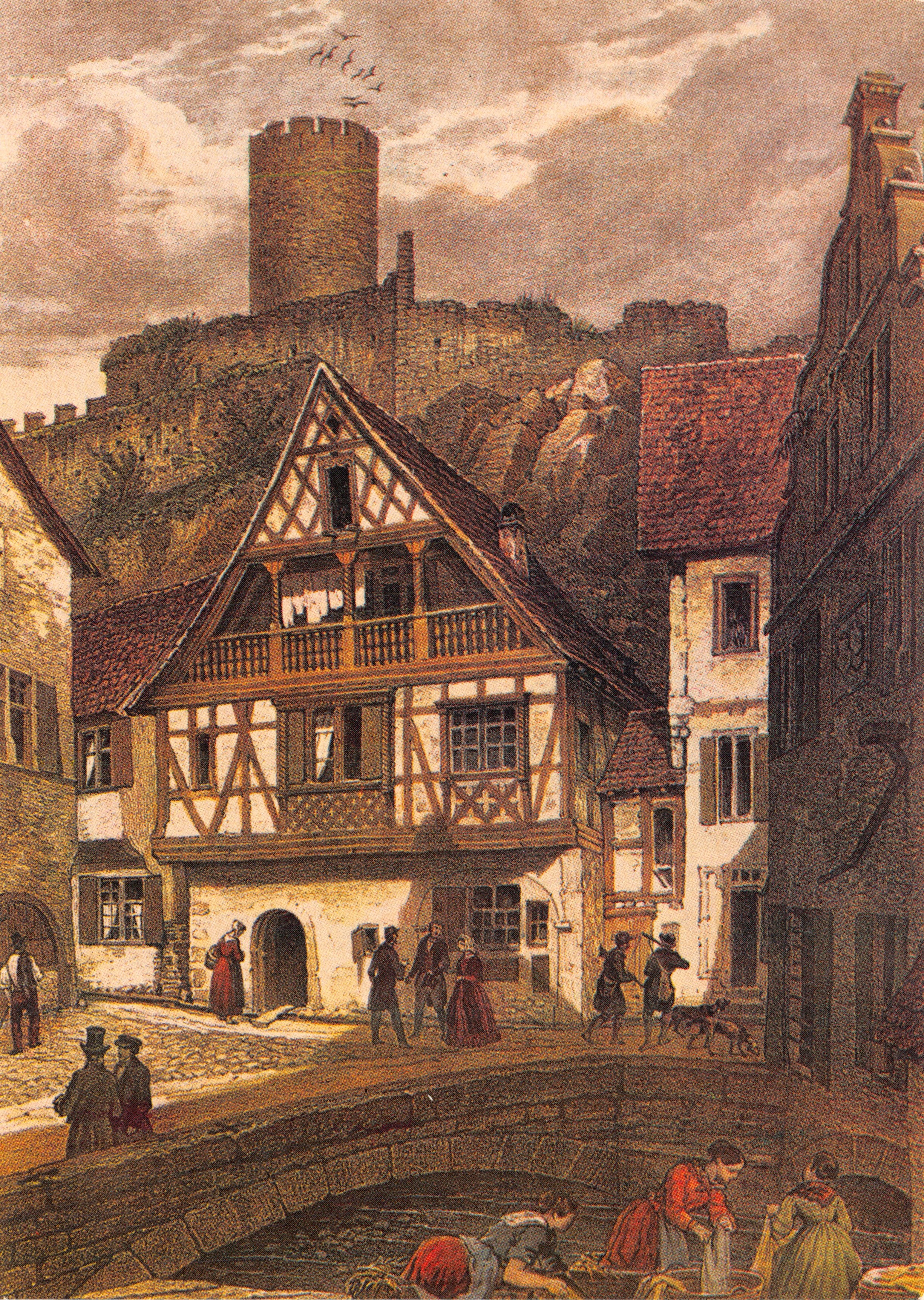 Kayserberg — Lavandières sur les rives de la Weiss, sous le donjon du château construit en 1226 — Éditions S.A.D. - Agence de Strasbourg