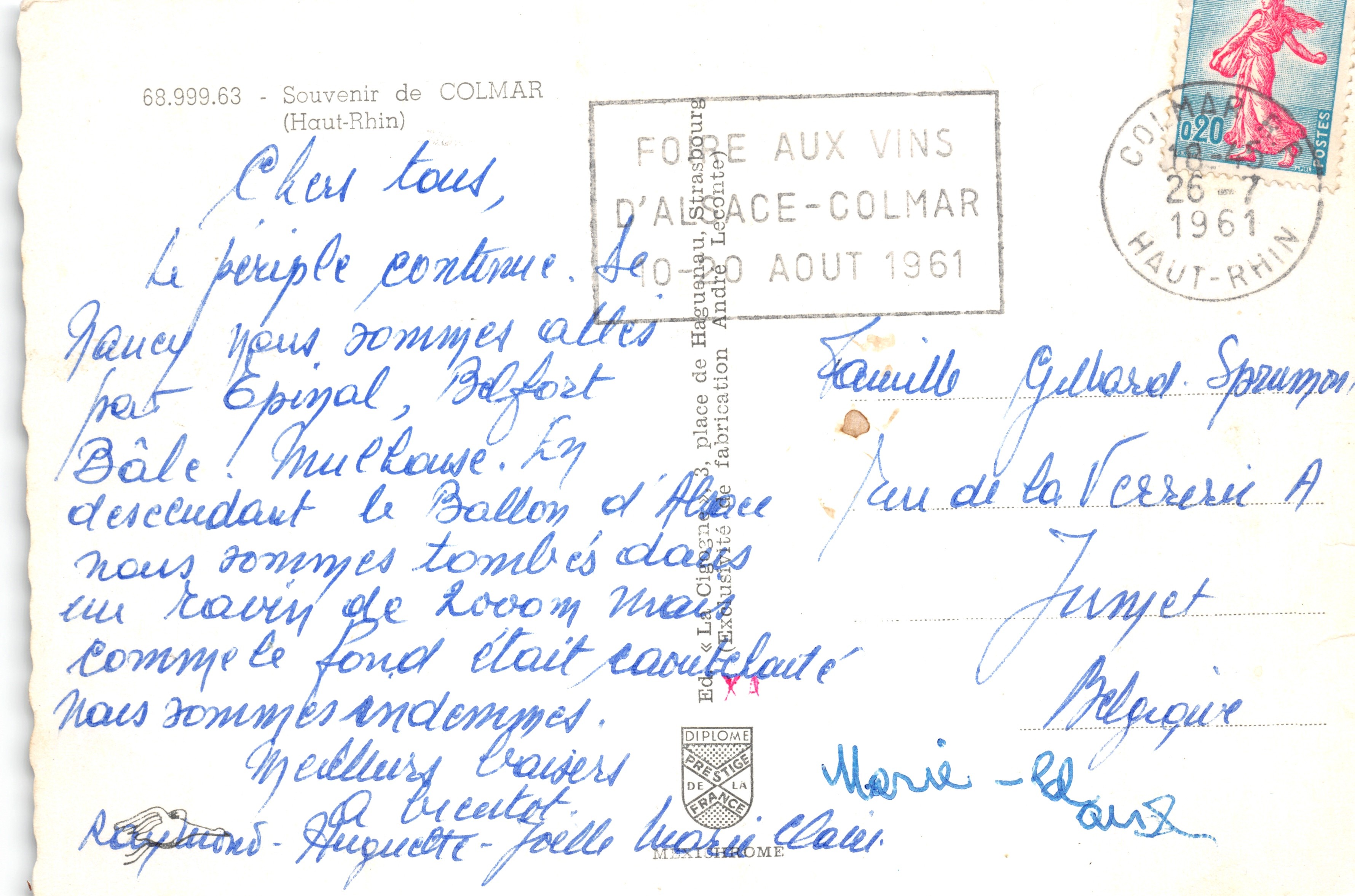 Colmar — vue de la place de la République avec la fontaine, la place du Château, le canal et les maisons à colombages — éditeur 'Souvenir de COLMAR' n° 68.999.63 — Verso