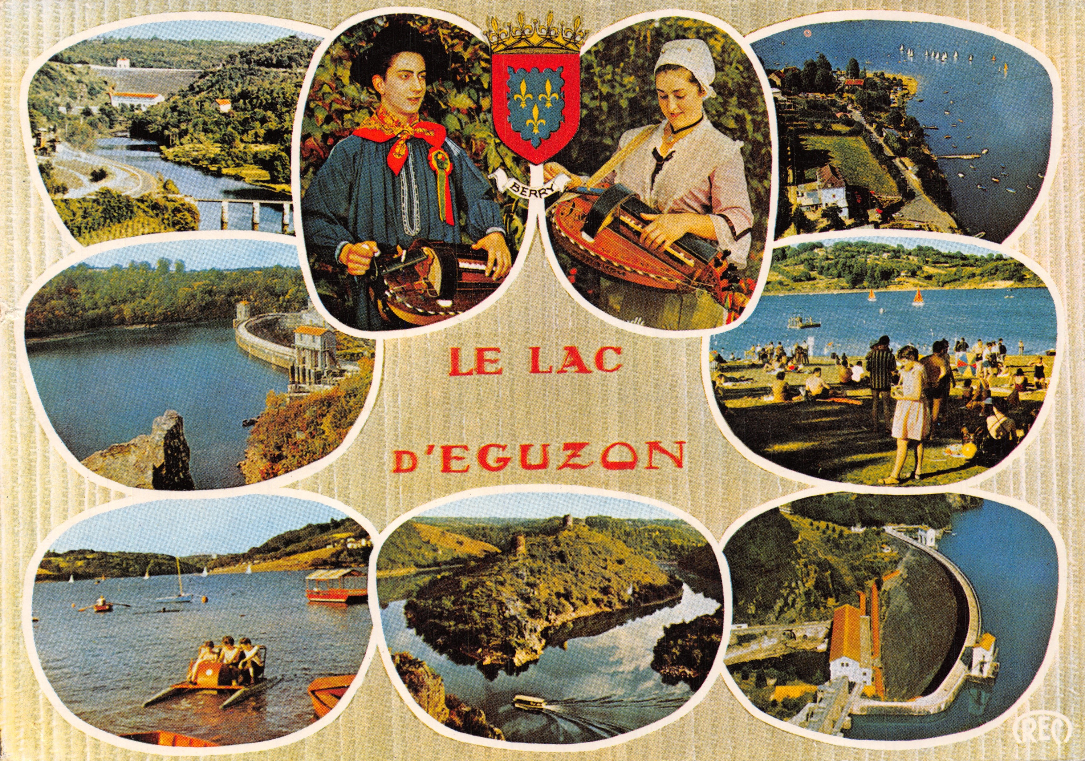 Het meer Eguzon — panoramische weergave met muzikanten en dam — uitgever M. ROUSSEL, S.P.A.D.E.M., Parijs