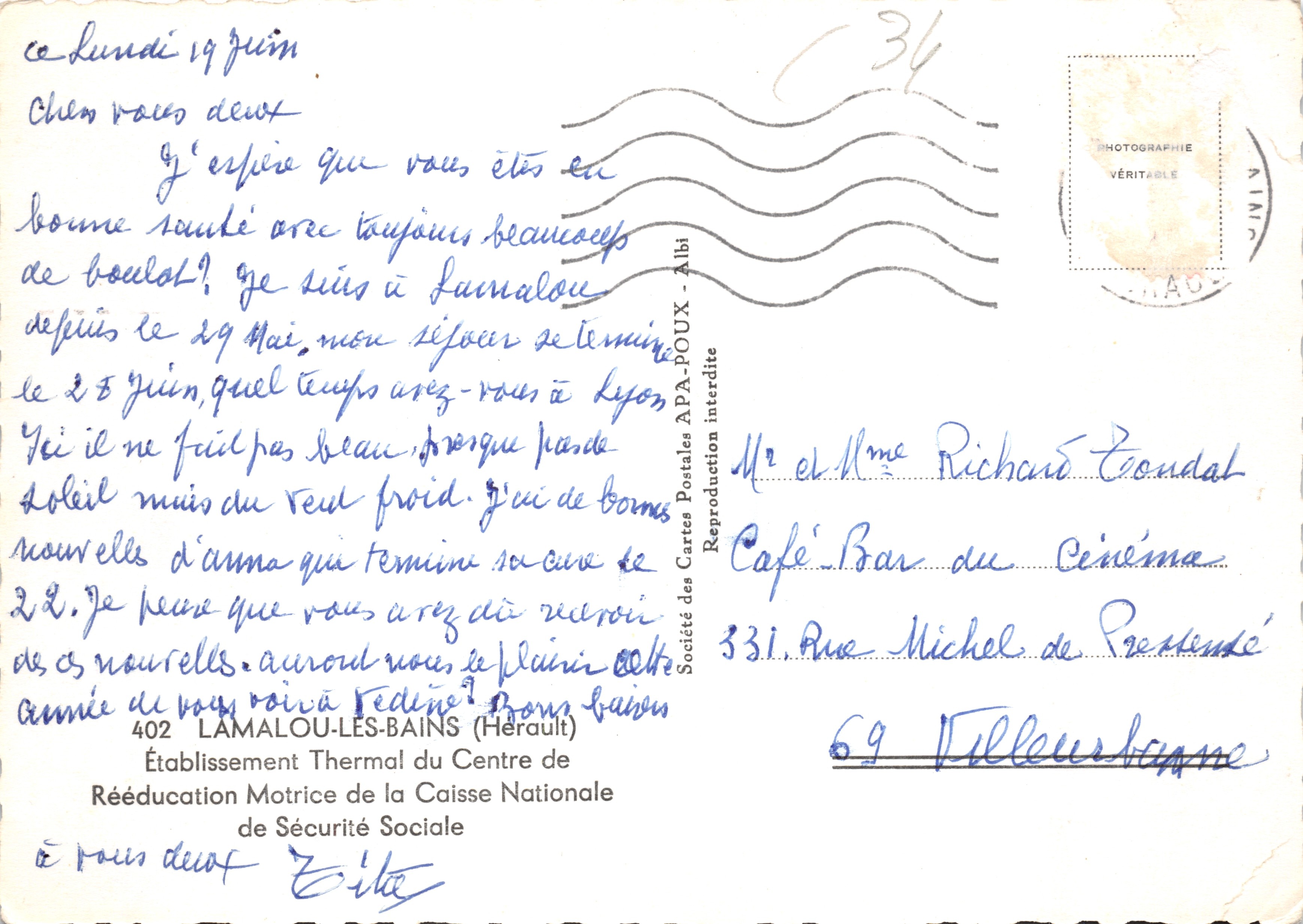 Lamalou-Les-Bains — Établissement Thermal du Centre de Rééducation Motrice de la Caisse Nationale de Sécurité Sociale — éditeur APA — Achterkant