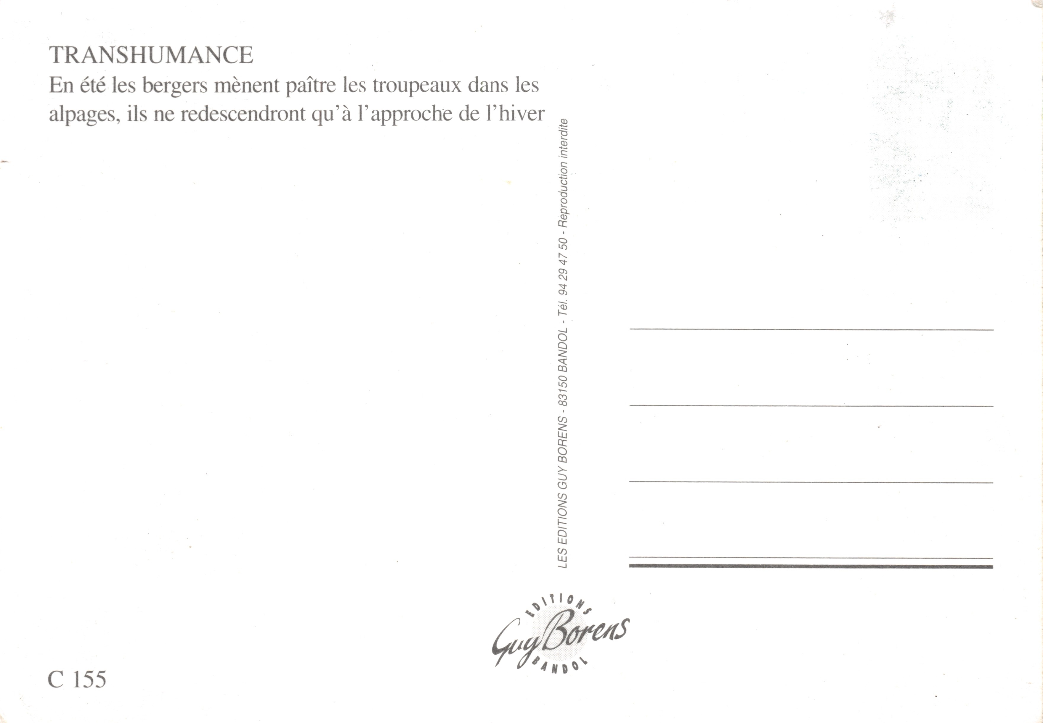 Transhumance en Provence — scène de troupeaux traversant un paysage montagneux sous un arbre — éditeur GUY BORENS, n° C 155 — Verso