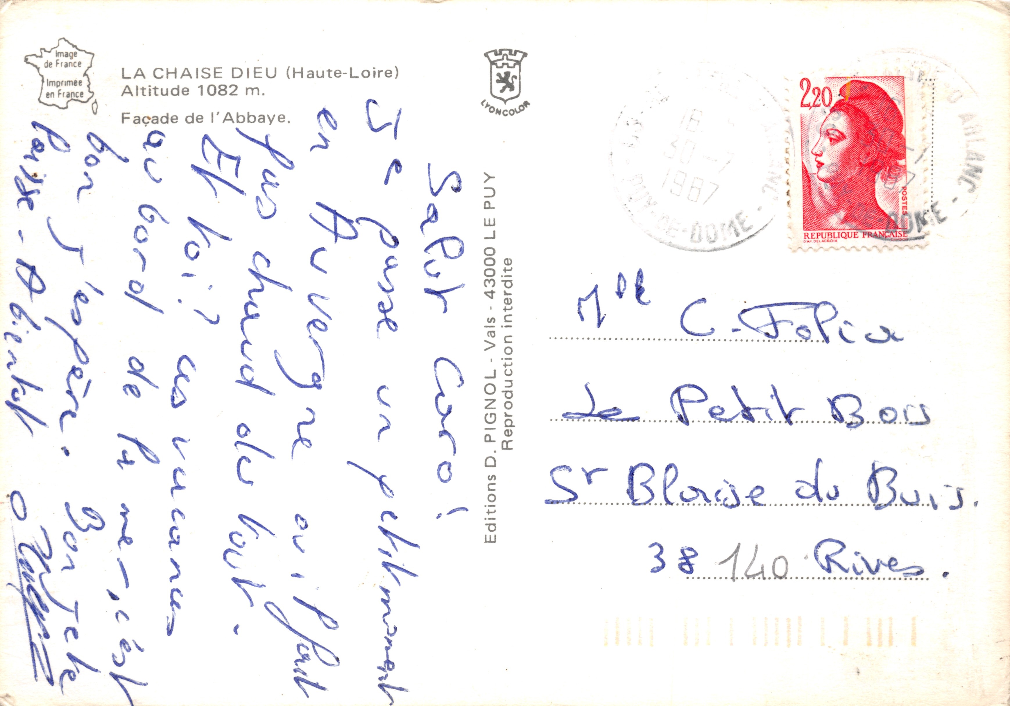 La Chaise-Dieu (Haute-Loire) — Facade van de Abdij — Editions D. PIGNOL — Achterkant