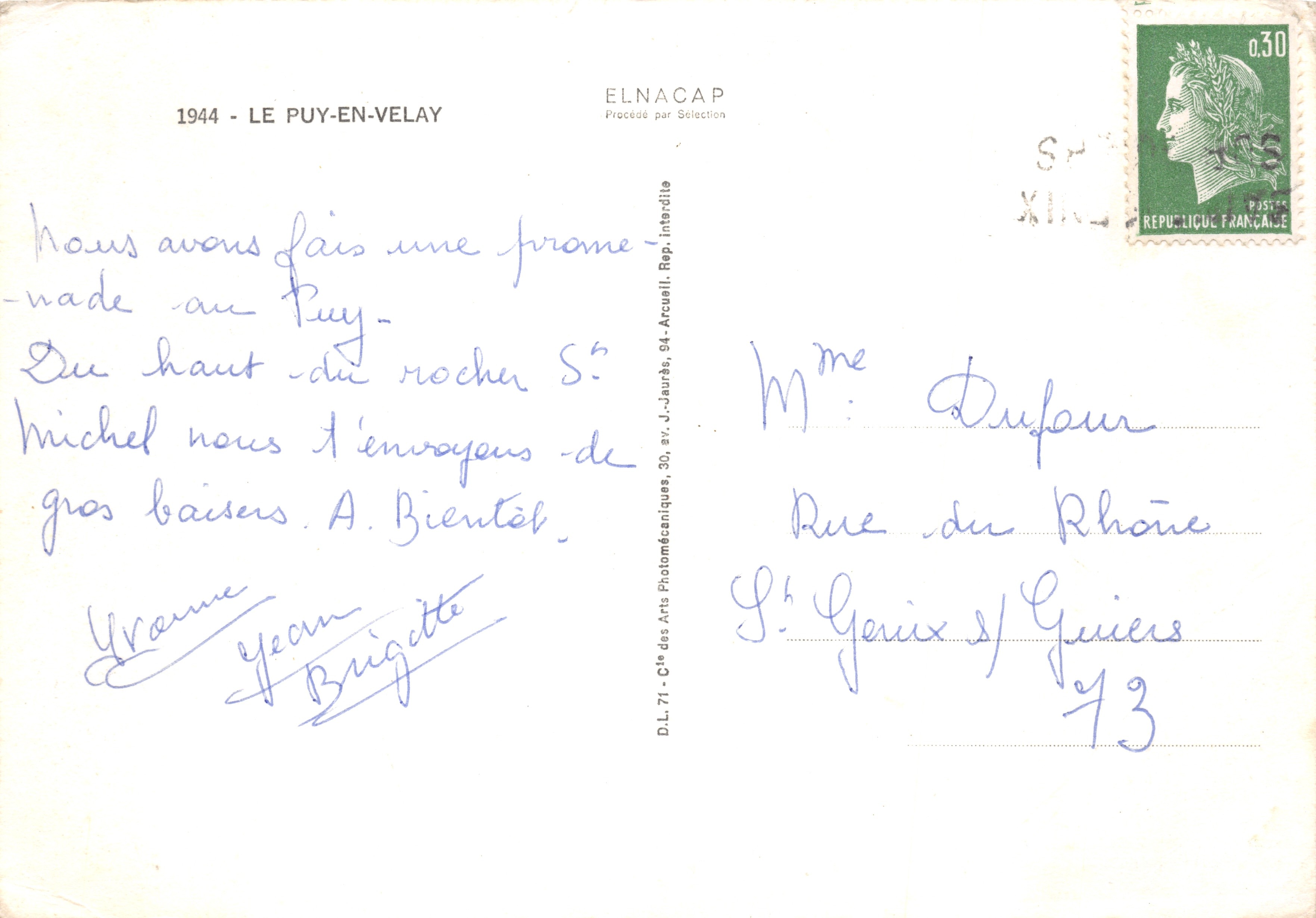 Le Puy-en-Velay — heilige stad sinds de 8e eeuw met haar maagd uit het Oosten, stad van kunst, handwerksstad van kant, belangrijk toeristisch centrum met zijn vulkanische heuvels — uitgever D.L. 71 - Cie des Arts Photomécaniques — Achterkant