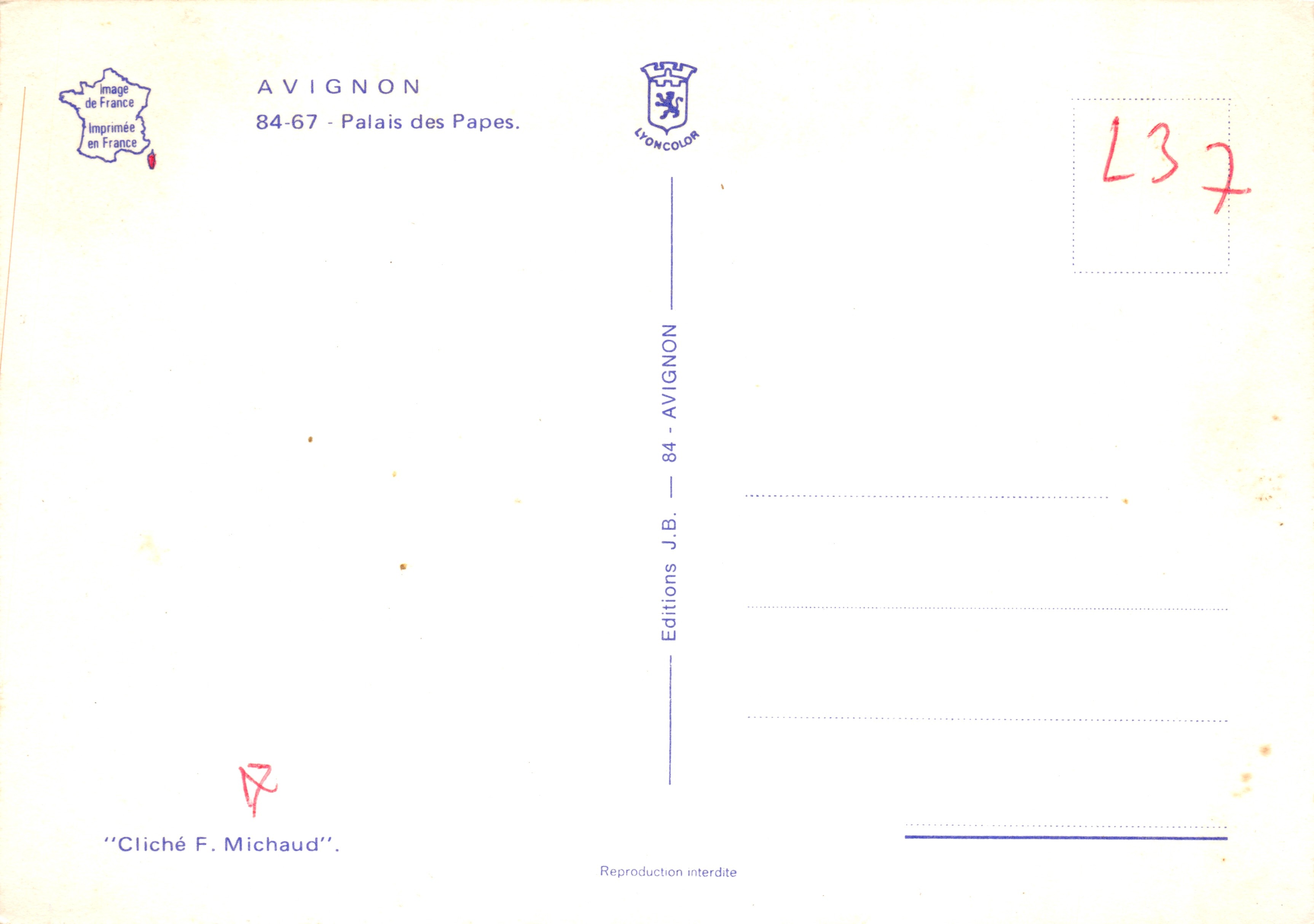 Avignon — Palacio de los Papas — Editor: Editions J.B. Michaud — Reverso