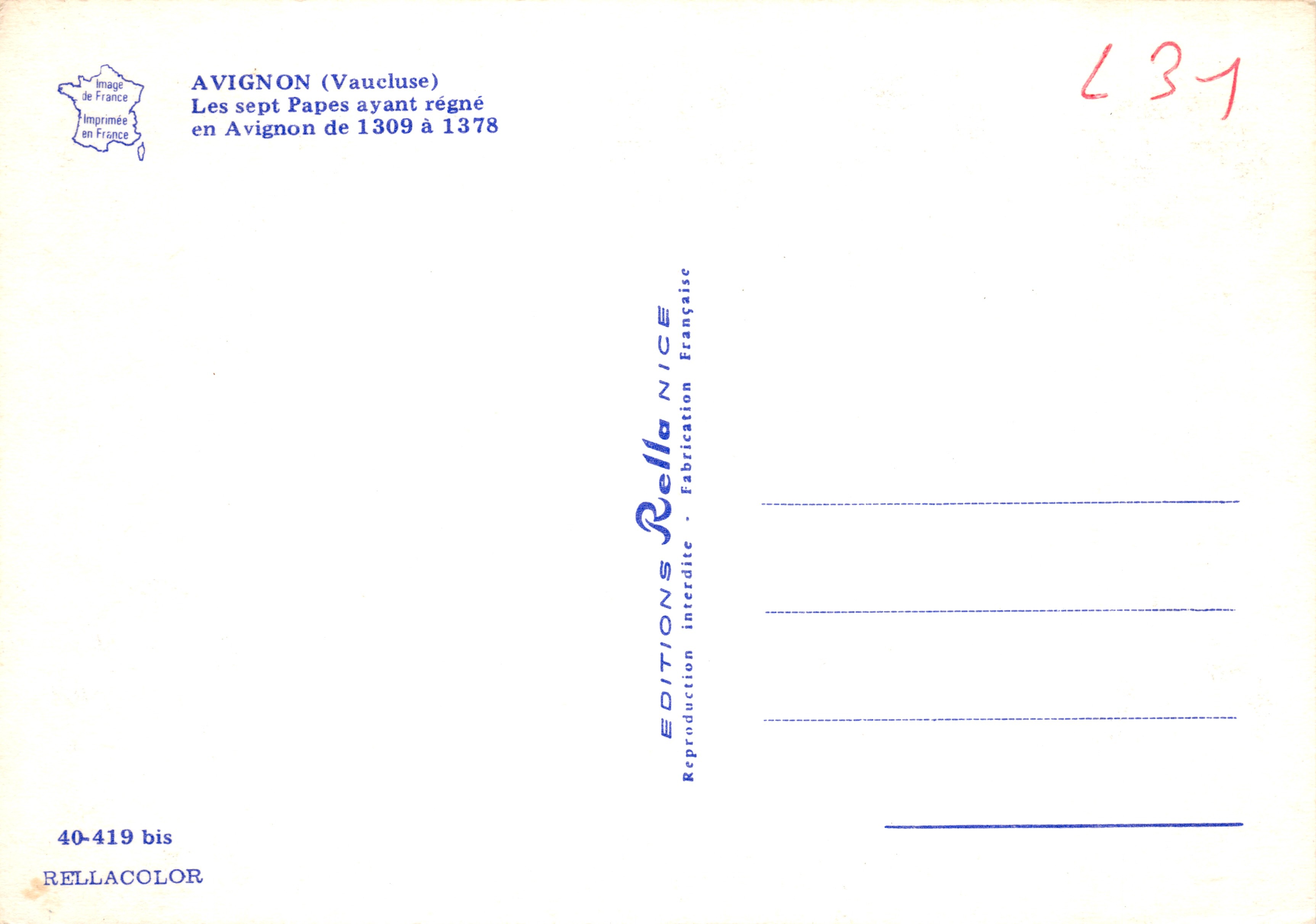 De zeven pausen die in Avignon regerden — Avignon (Vaucluse) — Editions Rella Nice — Achterkant