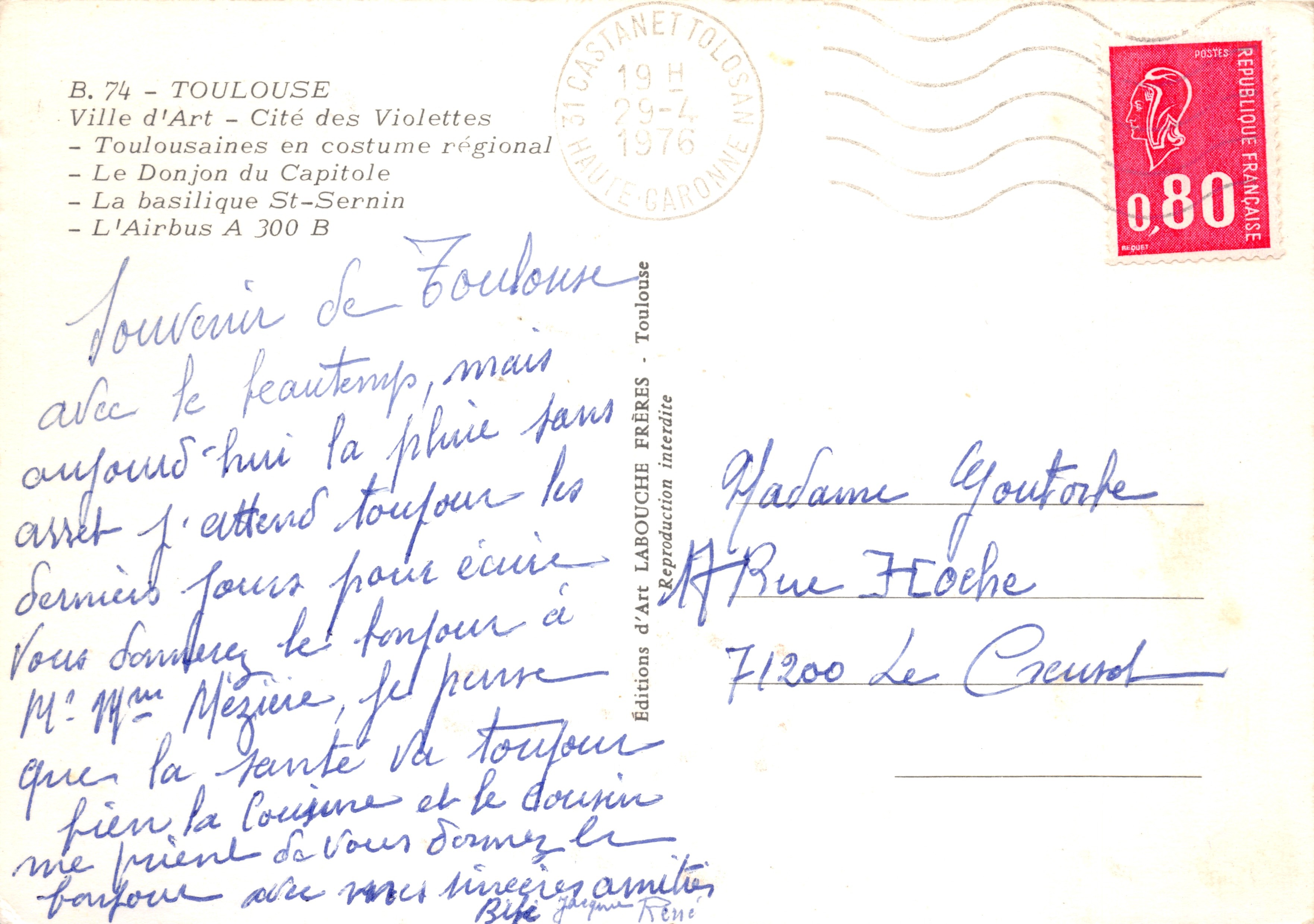 Toulouse — vue aérienne d'un Airbus A300B, éditeur Éditions d'Art Labouche Frères — Verso
